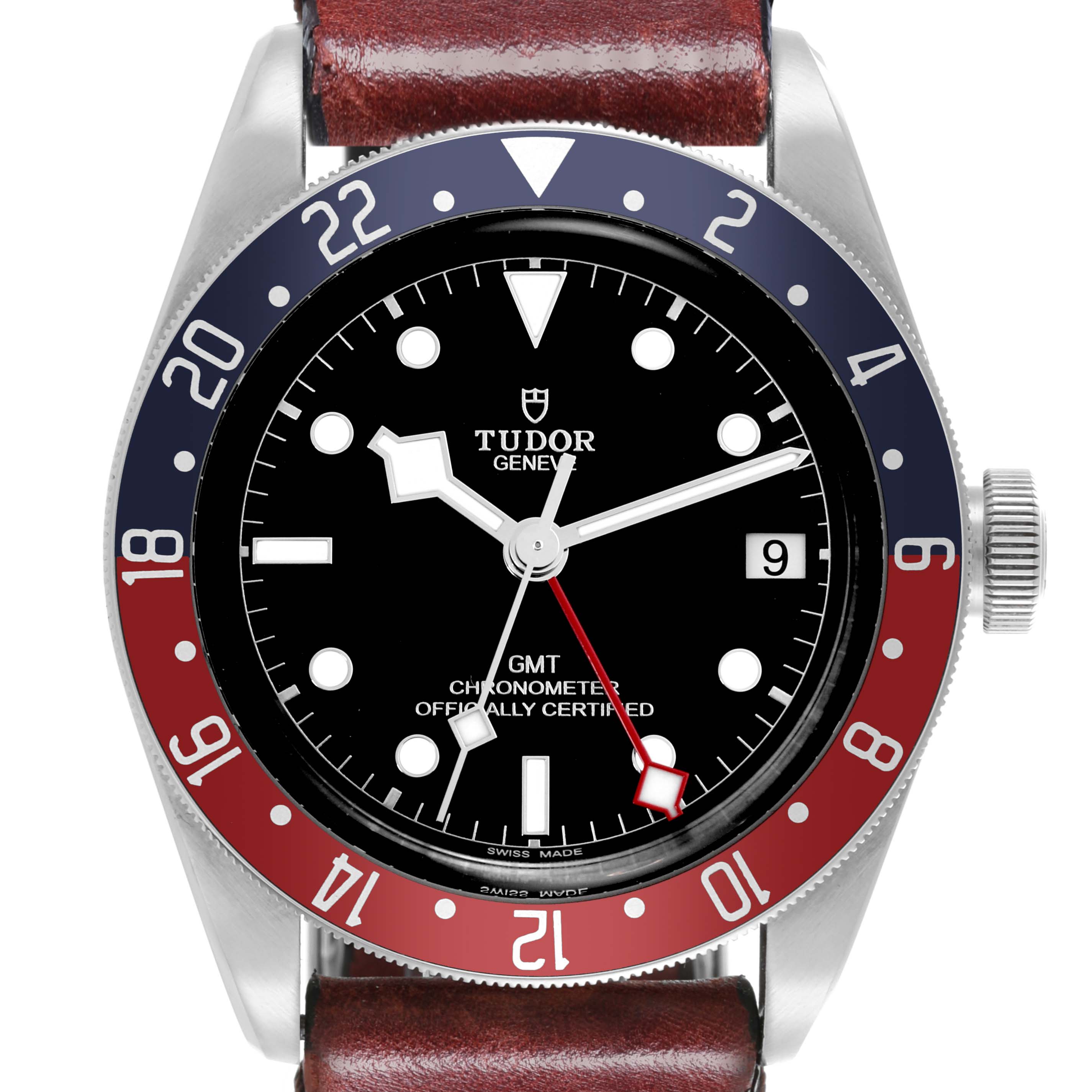 The Tudor Heritage Black Bay 79830RB-0003 Men's Stainless Steel Black Dial 79830RB-0003 Men's Stainless Steel Black Dial watch is shown from the front, displaying the bezel, dial, hands, and case with a leather strap.