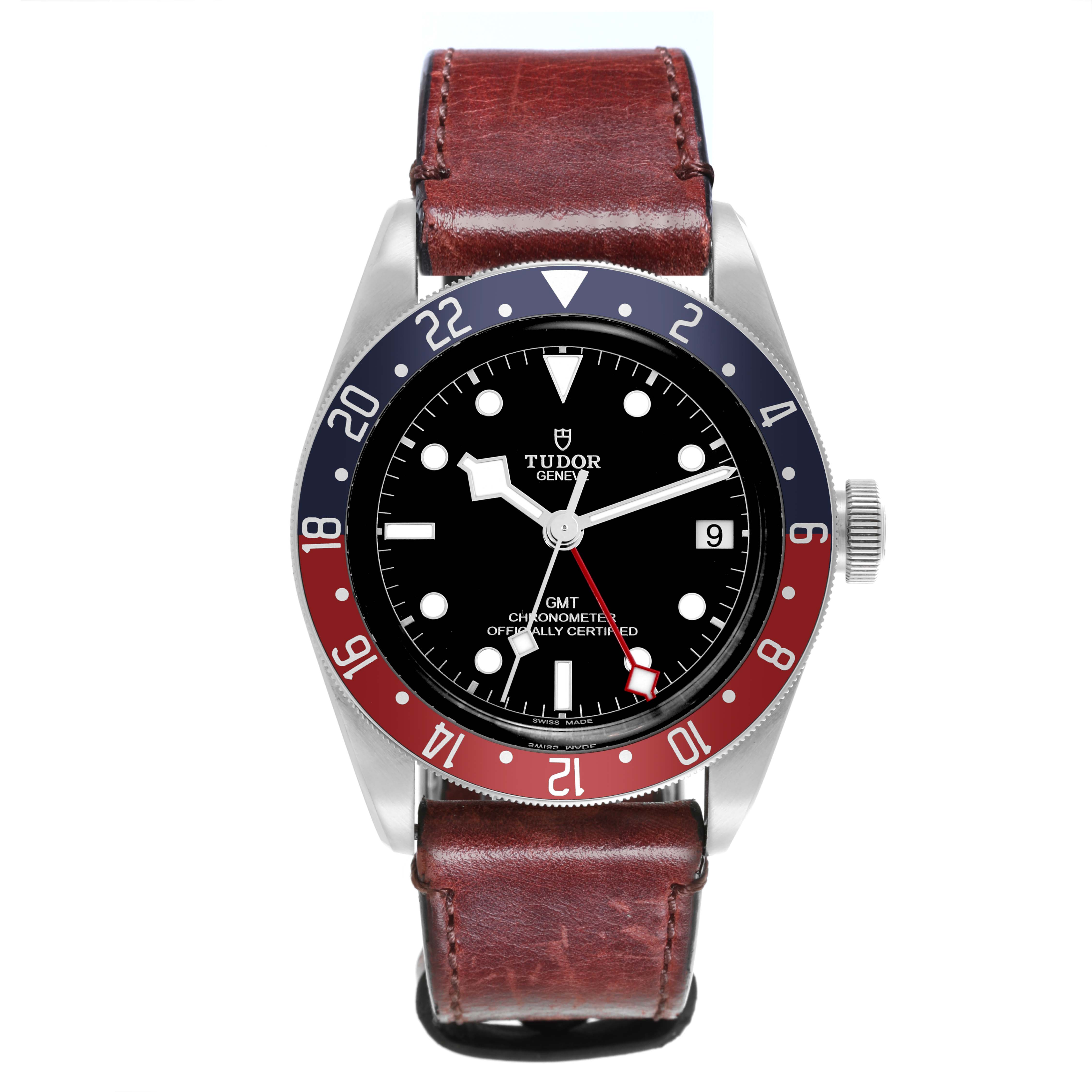 The Tudor Heritage Black Bay 79830RB-0003 Men's Stainless Steel Black Dial 79830RB-0003 Men's Stainless Steel Black Dial watch is shown from the front, featuring a leather strap and a blue-red bezel.