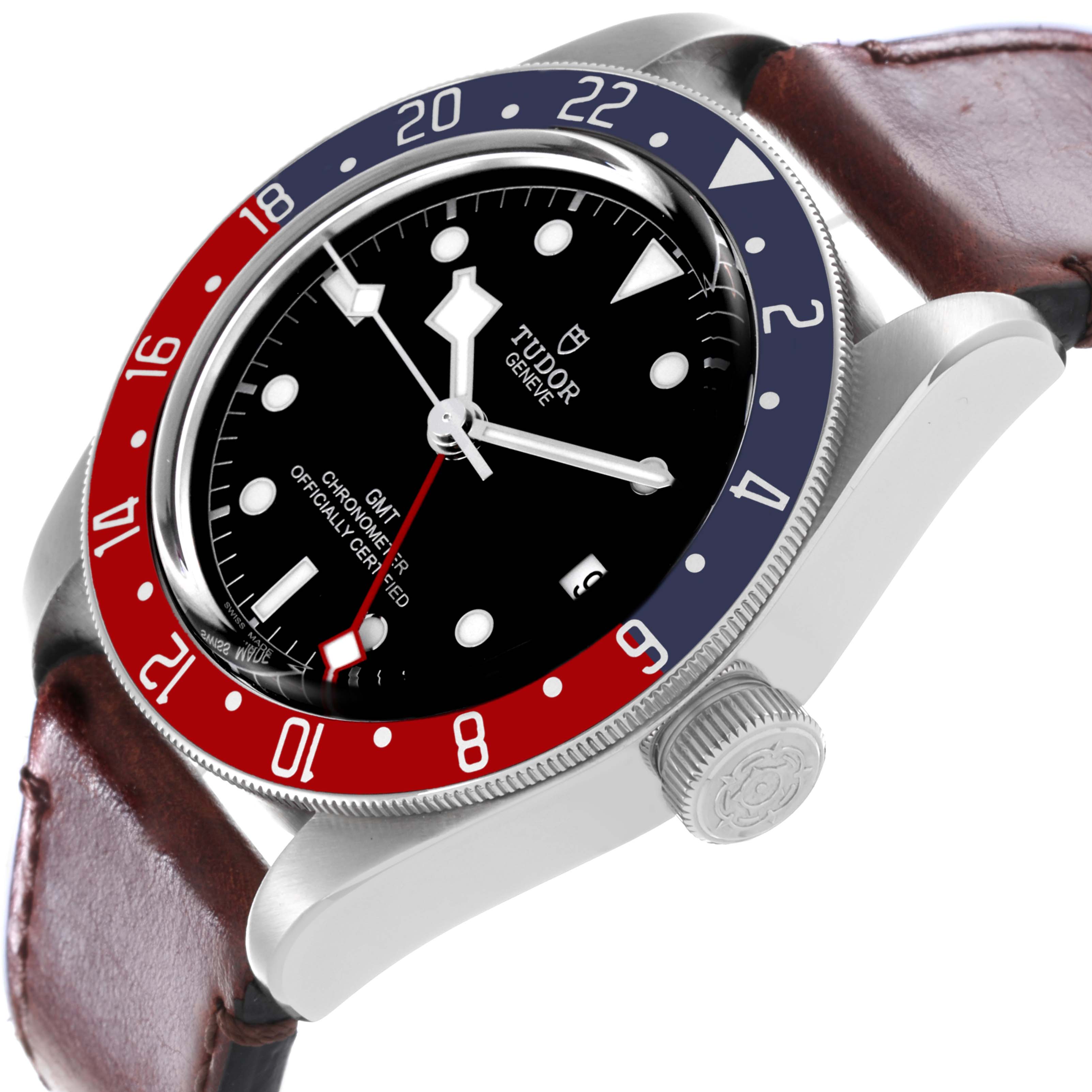 The Tudor Heritage Black Bay 79830RB-0003 Men's Stainless Steel Black Dial 79830RB-0003 Men's Stainless Steel Black Dial watch is shown at an angled side view, highlighting the bezel, dial, crown, and leather strap.