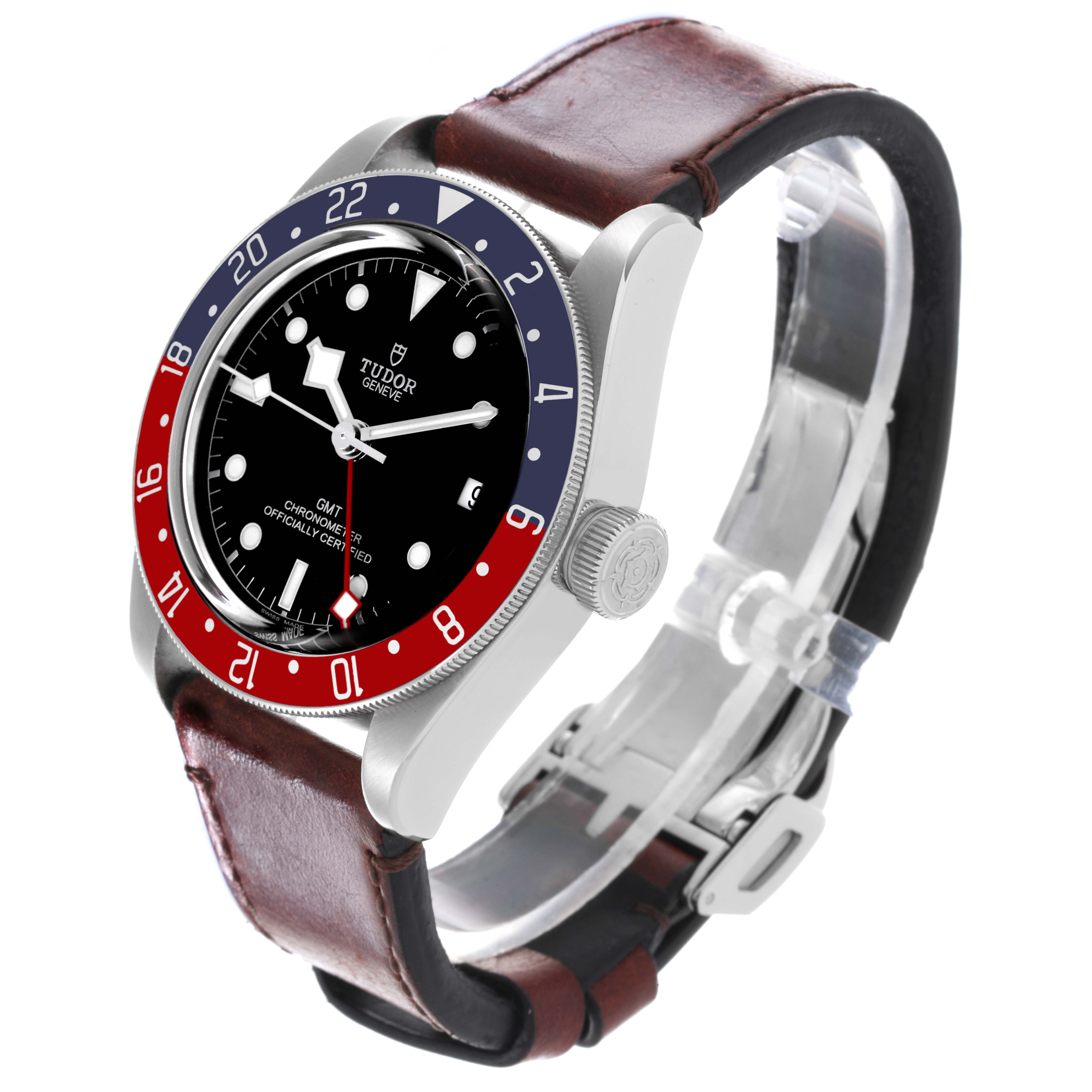 The Tudor Heritage Black Bay 79830RB-0003 Men's Stainless Steel Black Dial 79830RB-0003 Men's Stainless Steel Black Dial watch is shown at a three-quarter angle, highlighting the face, bezel, crown, and strap.