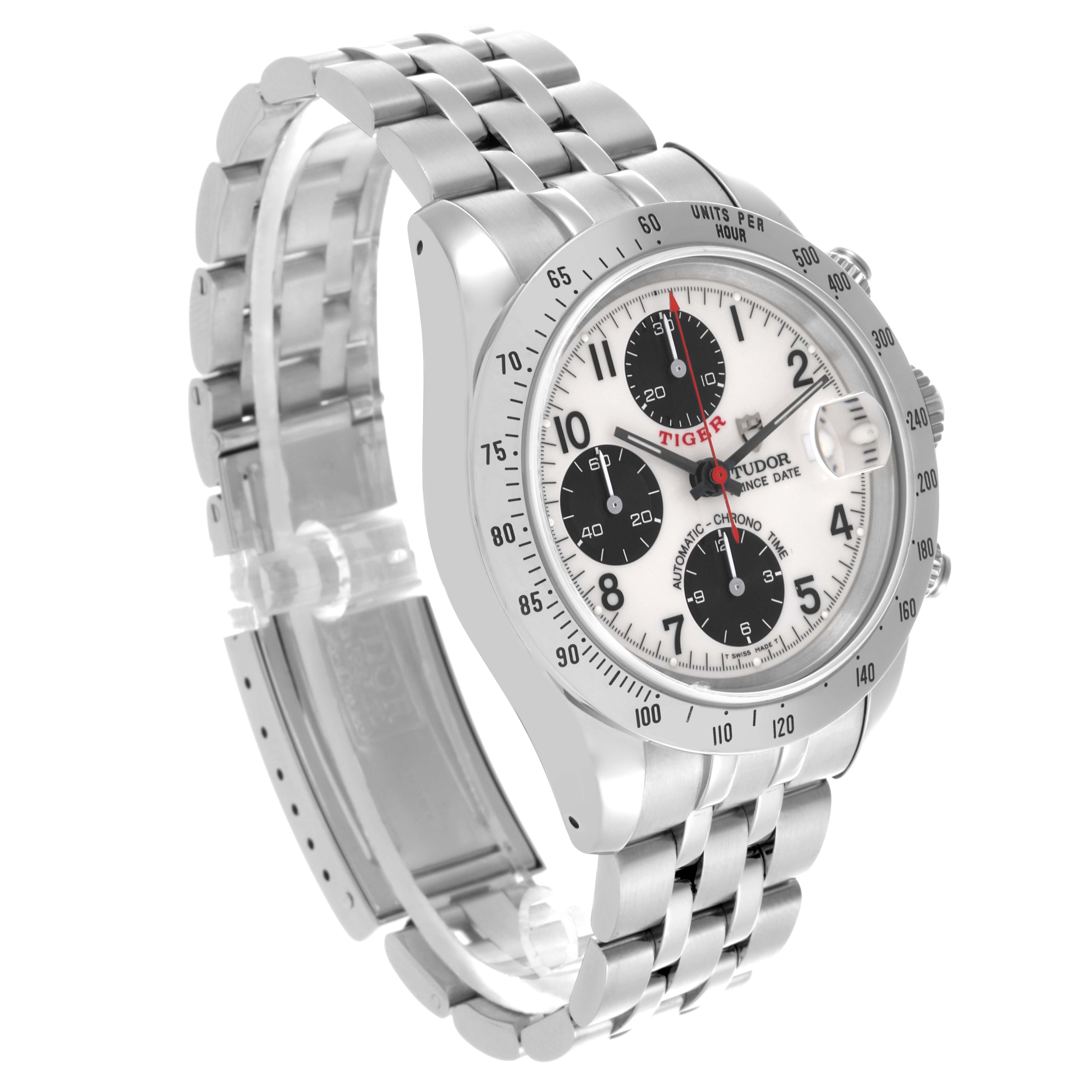 The Tudor Prince watch is shown at an angled view, displaying its bracelet, dial, bezel, and chronograph subdials.