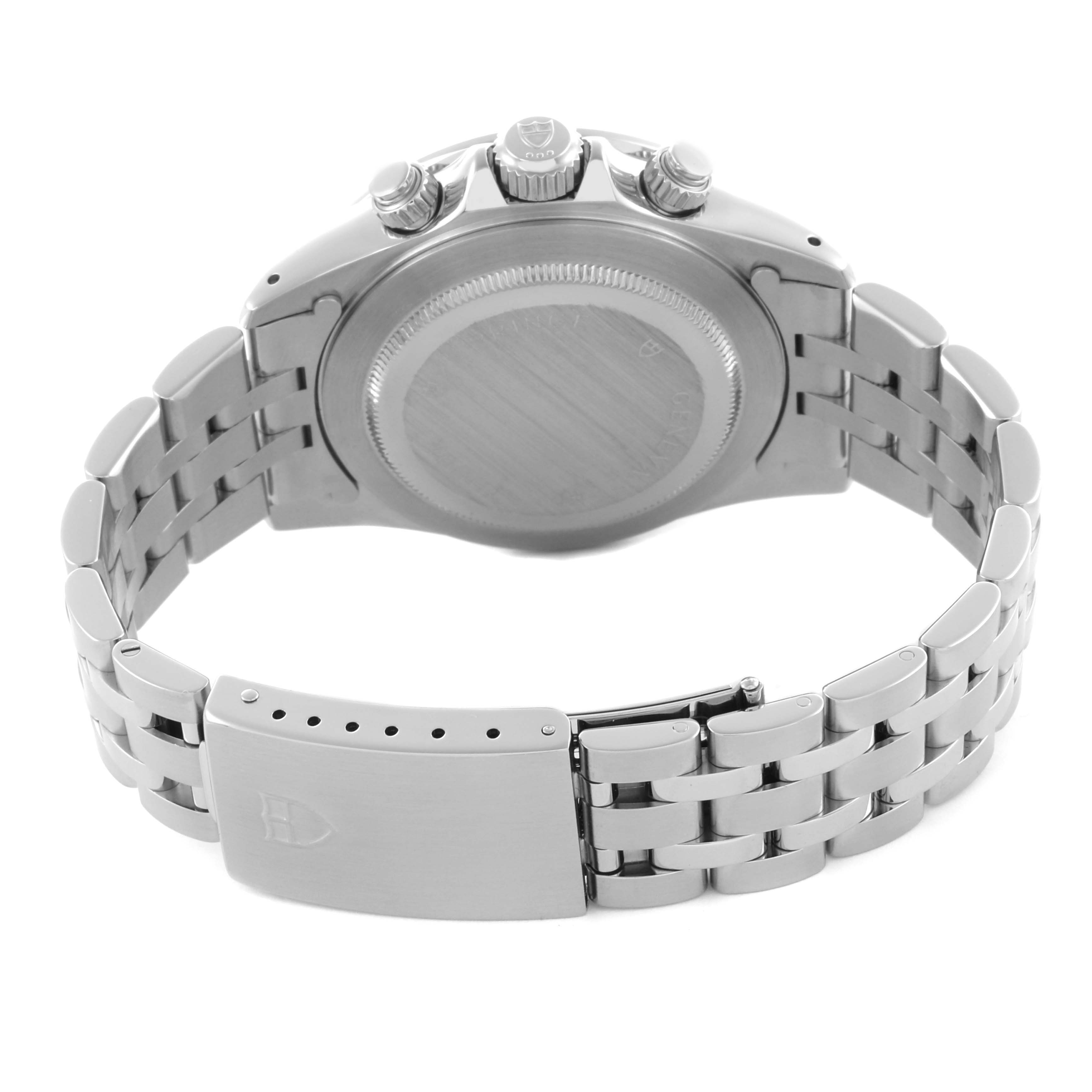 The image shows the back and bracelet of a Tudor Prince model watch, highlighting the clasp and case back.