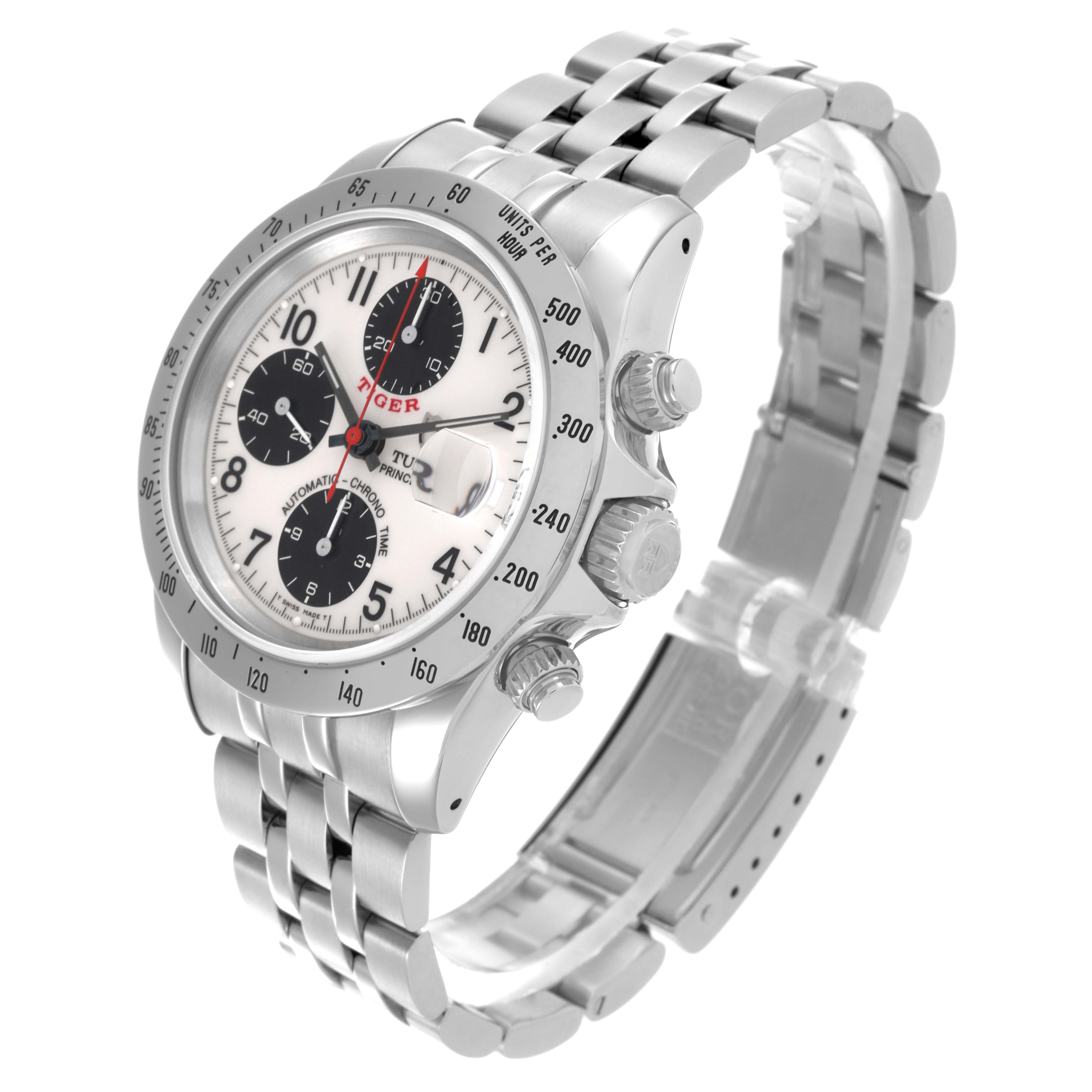 The Tudor Prince watch is shown from a three-quarter angle, highlighting the dial, bezel, crown, pushers, and bracelet.