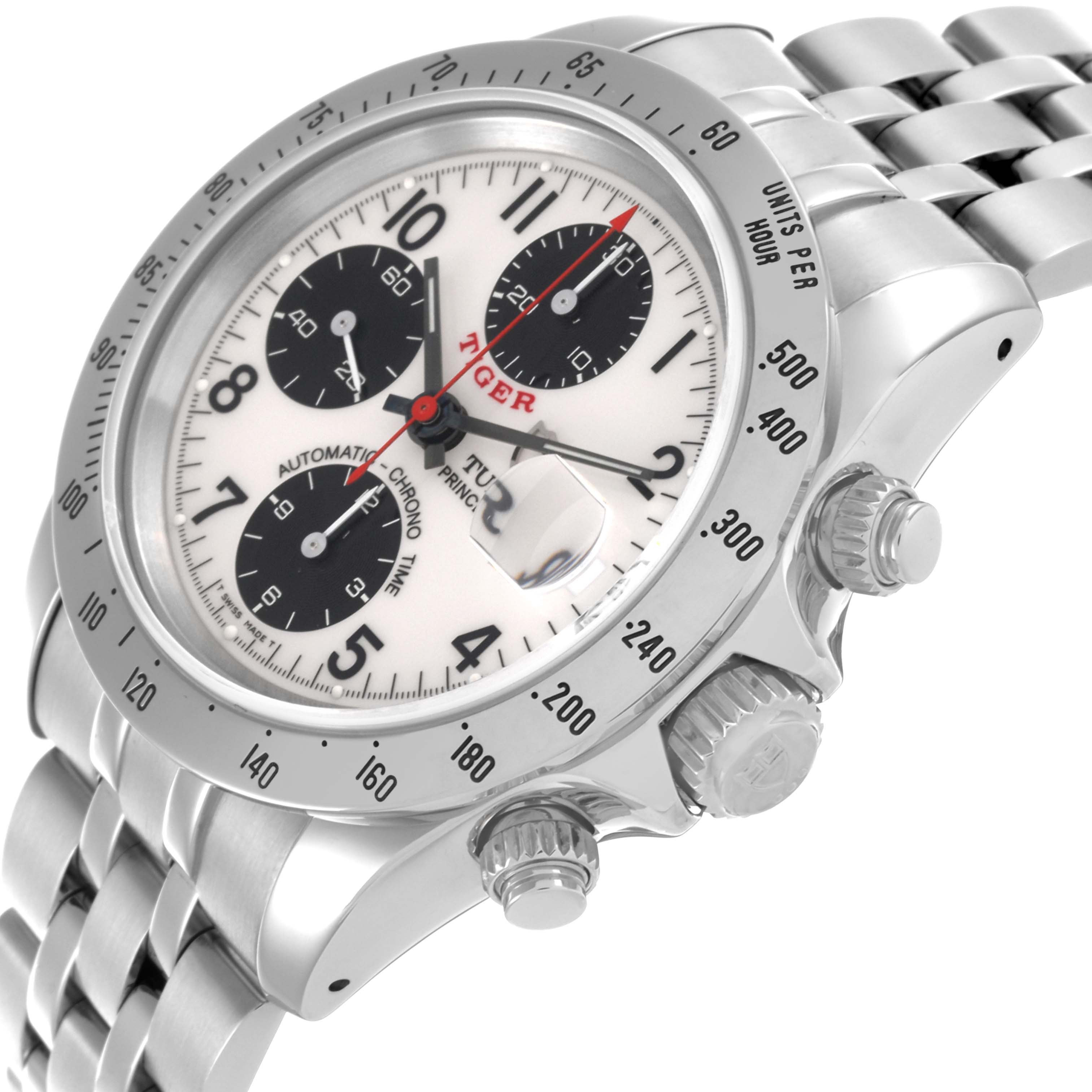 The Tudor Prince watch is shown at an angled view, highlighting the bezel, dial, crown, and metal bracelet.