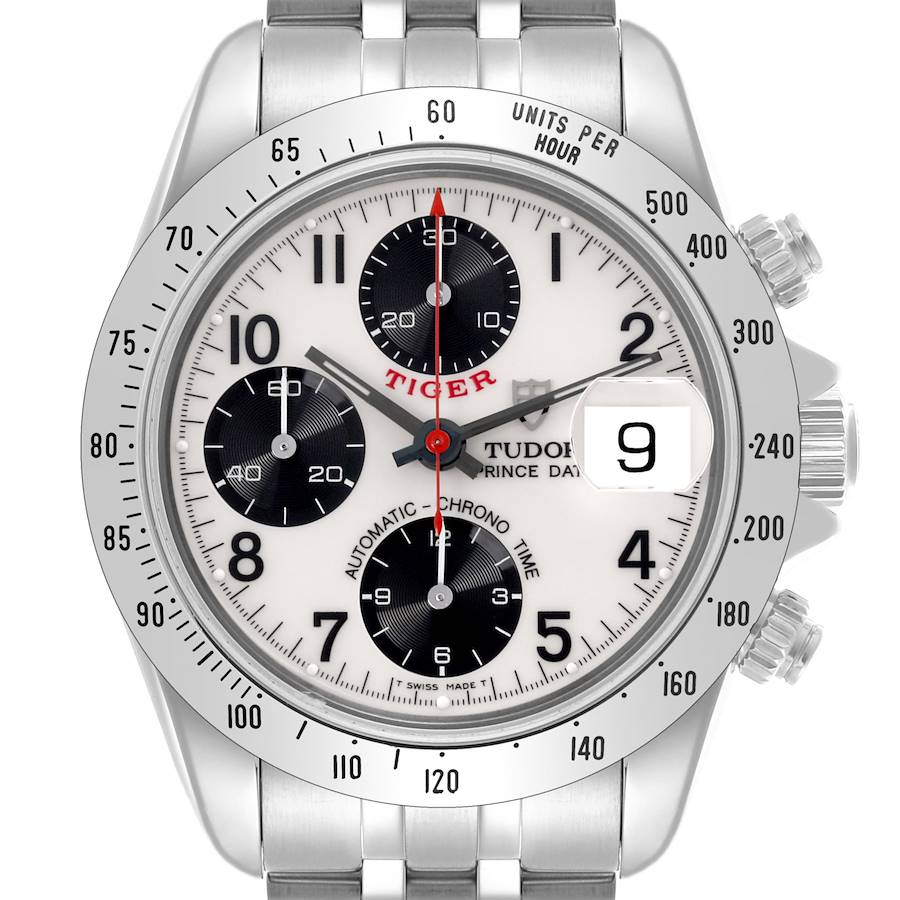 The Tudor Prince model watch is shown from the front, displaying the dial, bezel, and chronograph subdials.