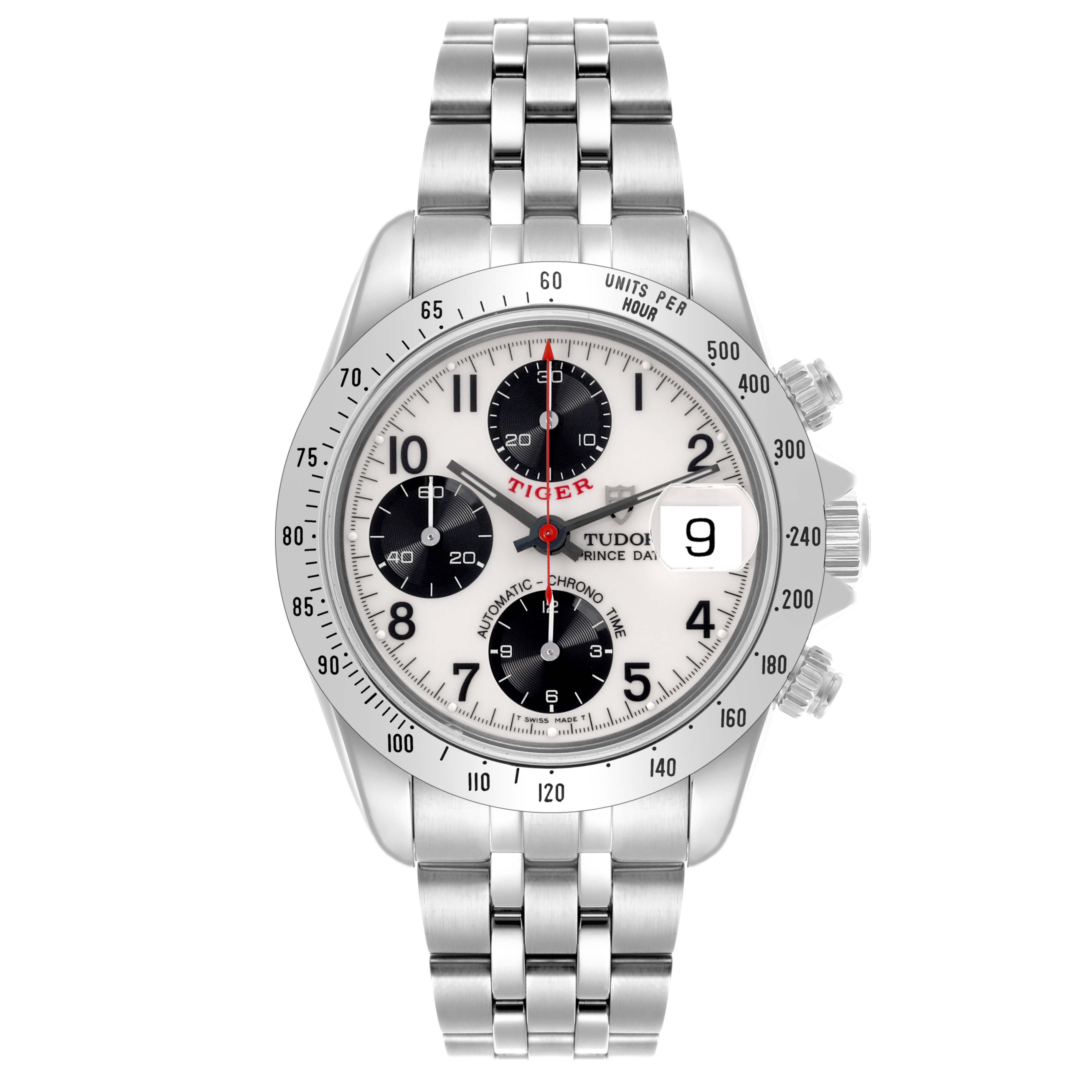 The Tudor Prince watch is shown from the front, displaying the dial, bezel, case, crown, pushers, and bracelet.