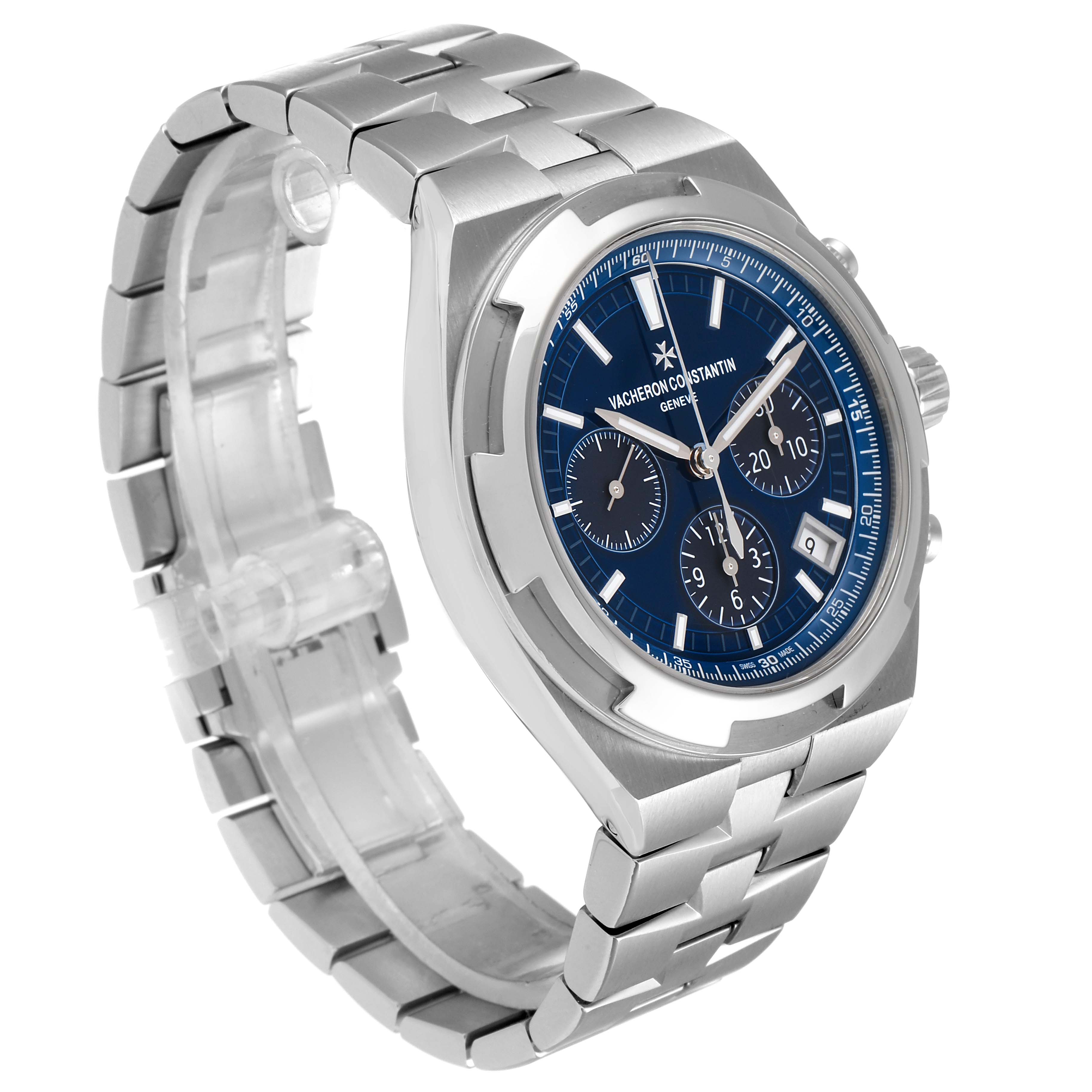 The image shows a side and front view of the Vacheron Constantin Overseas 5500V/110A-B148 Men's Stainless Steel Blue Dial 5500V/110A-B148 Men's Stainless Steel Blue Dial watch with a blue dial and metal bracelet.