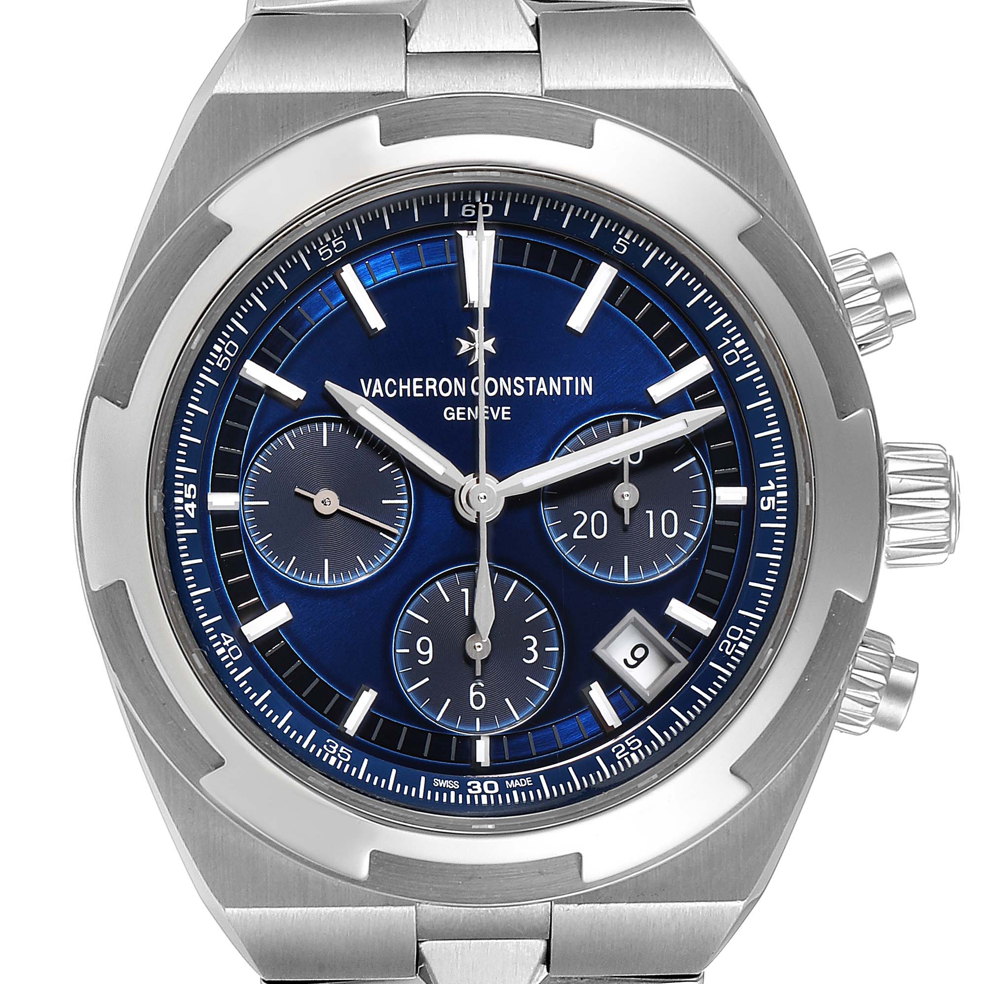 This image shows the front of the Vacheron Constantin Overseas 5500V/110A-B148 Men's Stainless Steel Blue Dial 5500V/110A-B148 Men's Stainless Steel Blue Dial watch, highlighting its blue dial, chronograph subdials, and date display.