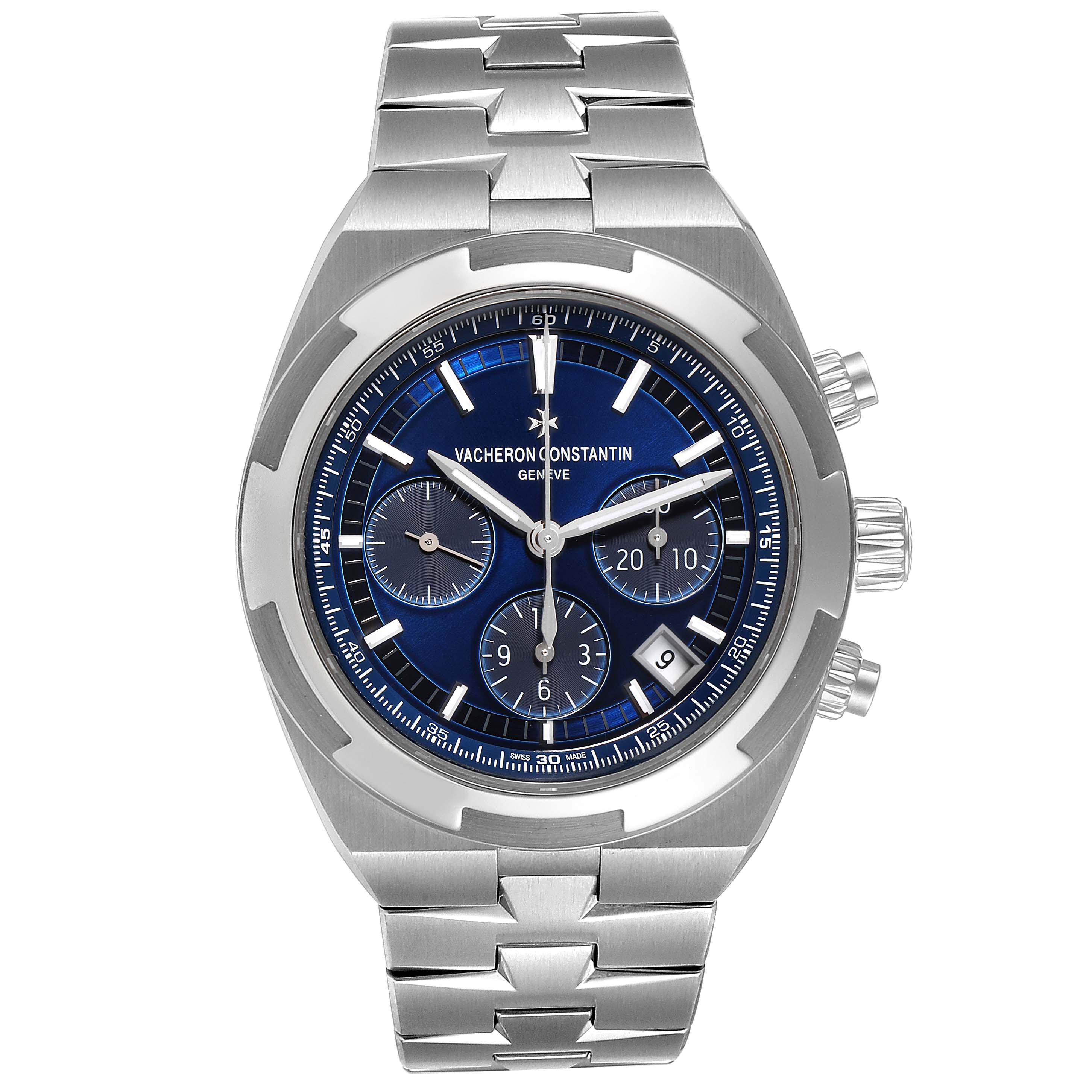 The image shows a front view of a Vacheron Constantin Overseas 5500V/110A-B148 Men's Stainless Steel Blue Dial 5500V/110A-B148 Men's Stainless Steel Blue Dial watch, highlighting the blue dial, sub-dials, bezel, and bracelet.