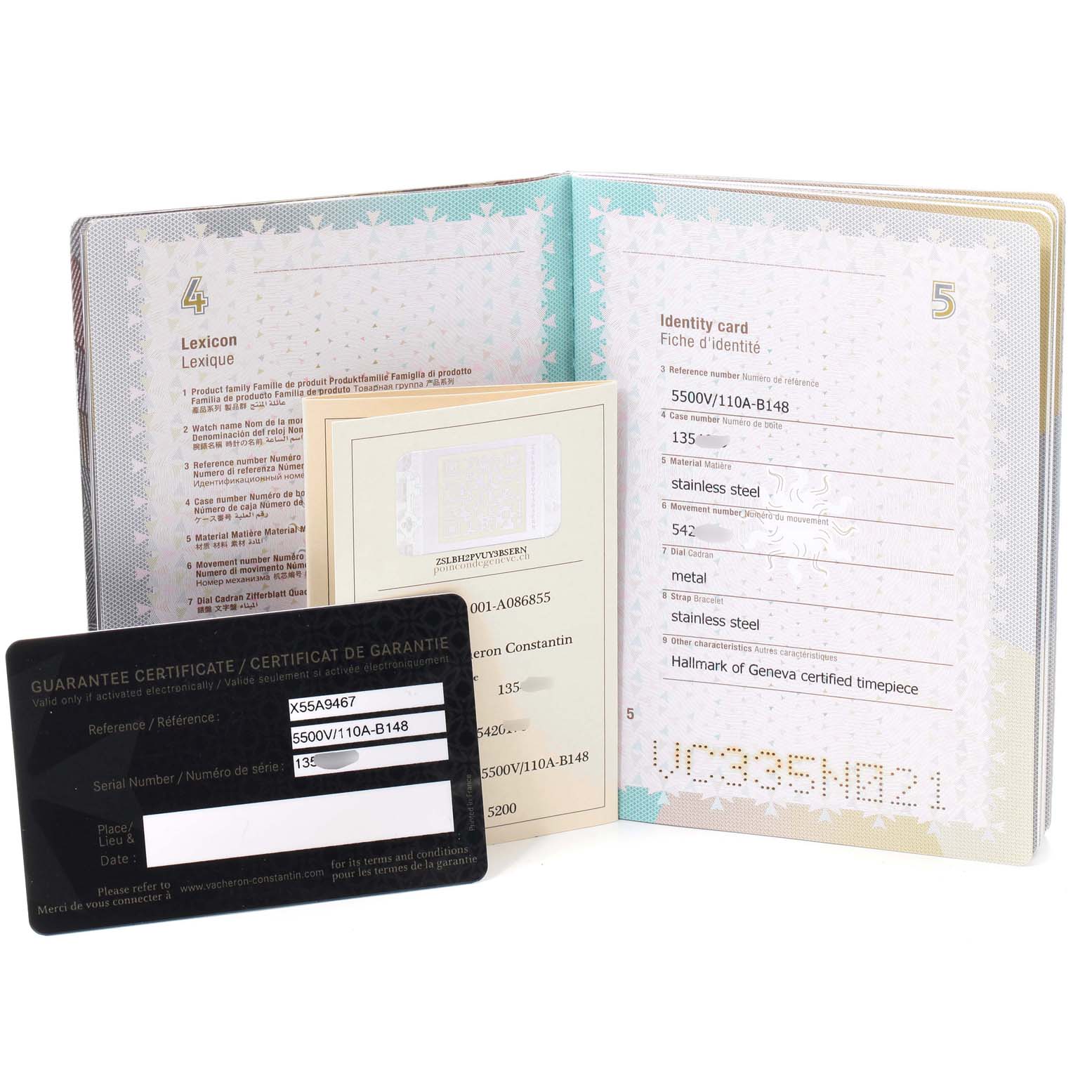 This image shows the guarantee certificate, identity card, and booklet for the Vacheron Constantin Overseas 5500V/110A-B148 Men's Stainless Steel Blue Dial 5500V/110A-B148 Men's Stainless Steel Blue Dial model watch.