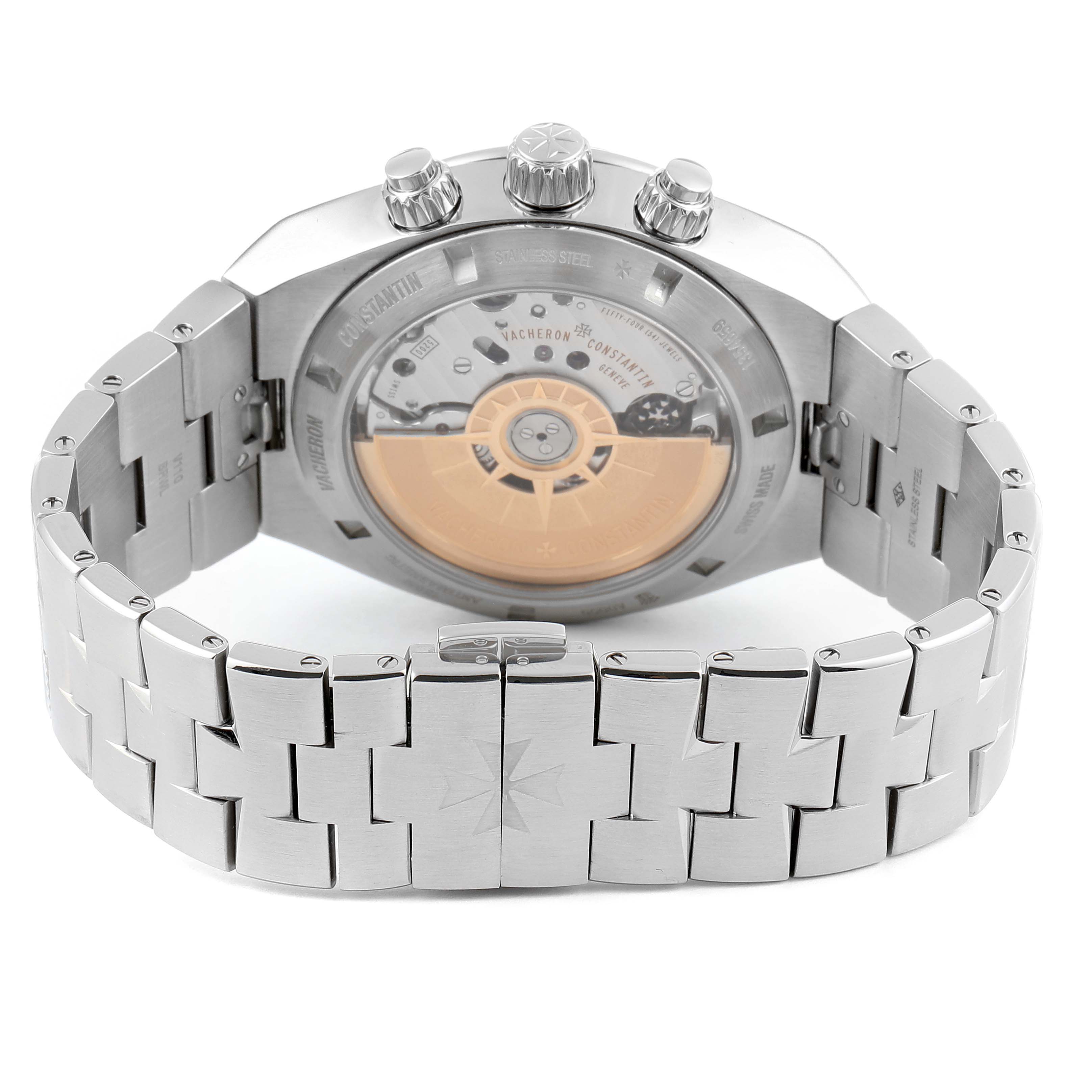 The image shows the back view of the Vacheron Constantin Overseas 5500V/110A-B148 Men's Stainless Steel Blue Dial 5500V/110A-B148 Men's Stainless Steel Blue Dial model watch, displaying the open case back and metal bracelet.