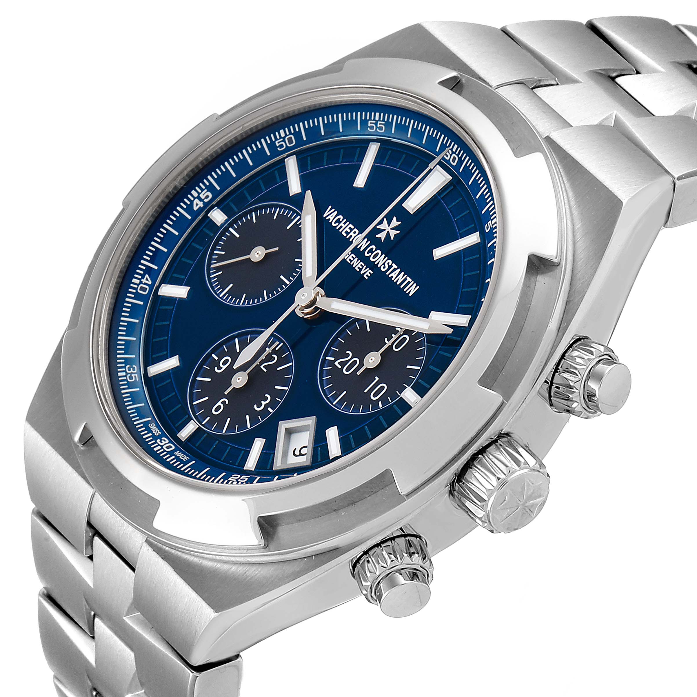This Vacheron Constantin Overseas 5500V/110A-B148 Men's Stainless Steel Blue Dial 5500V/110A-B148 Men's Stainless Steel Blue Dial watch is shown at a slight angle, highlighting the dial, subdials, crown, and part of the bracelet.
