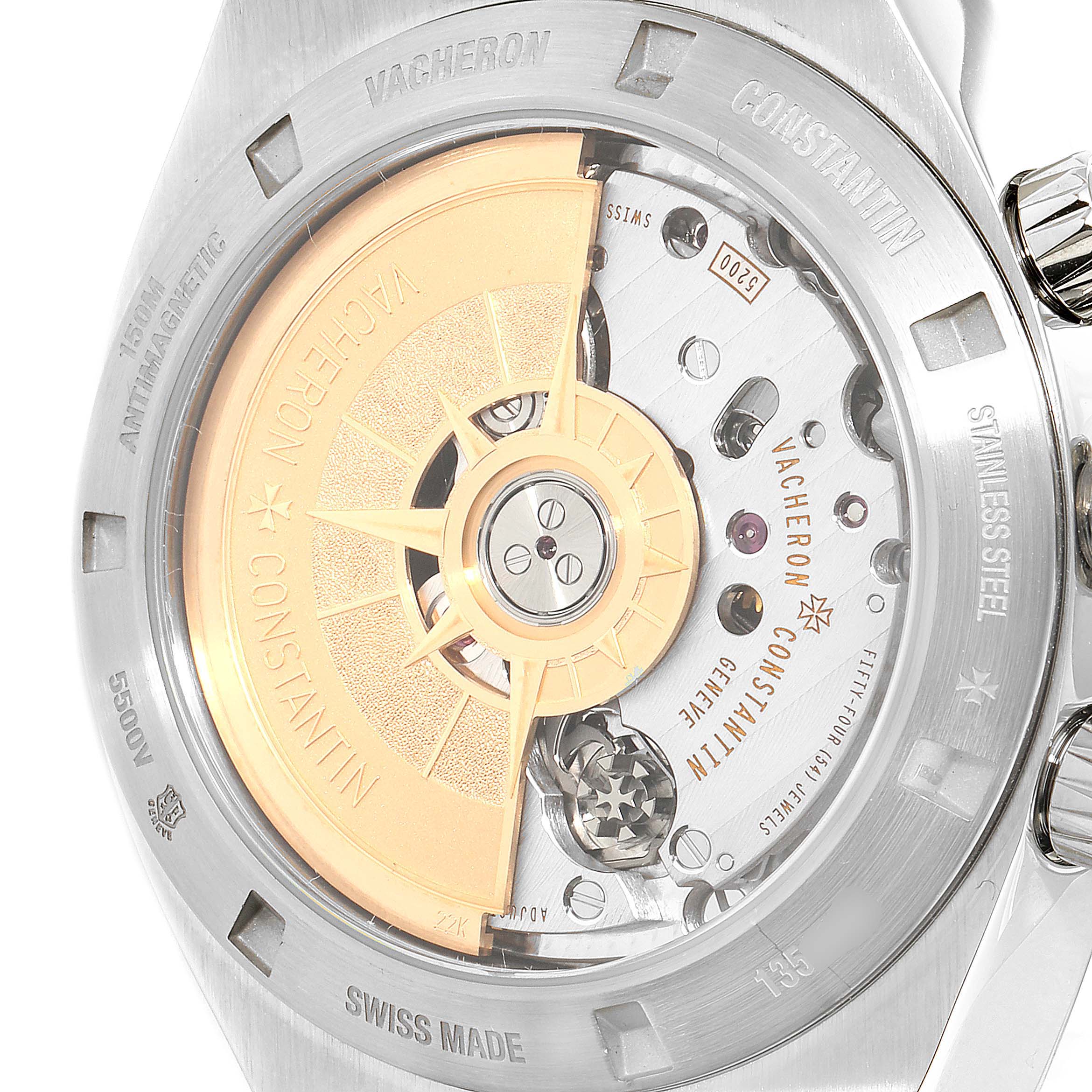 Close-up of the Vacheron Constantin Overseas 5500V/110A-B148 Men's Stainless Steel Blue Dial 5500V/110A-B148 Men's Stainless Steel Blue Dial watch's back, showing the rotor and internal mechanics.