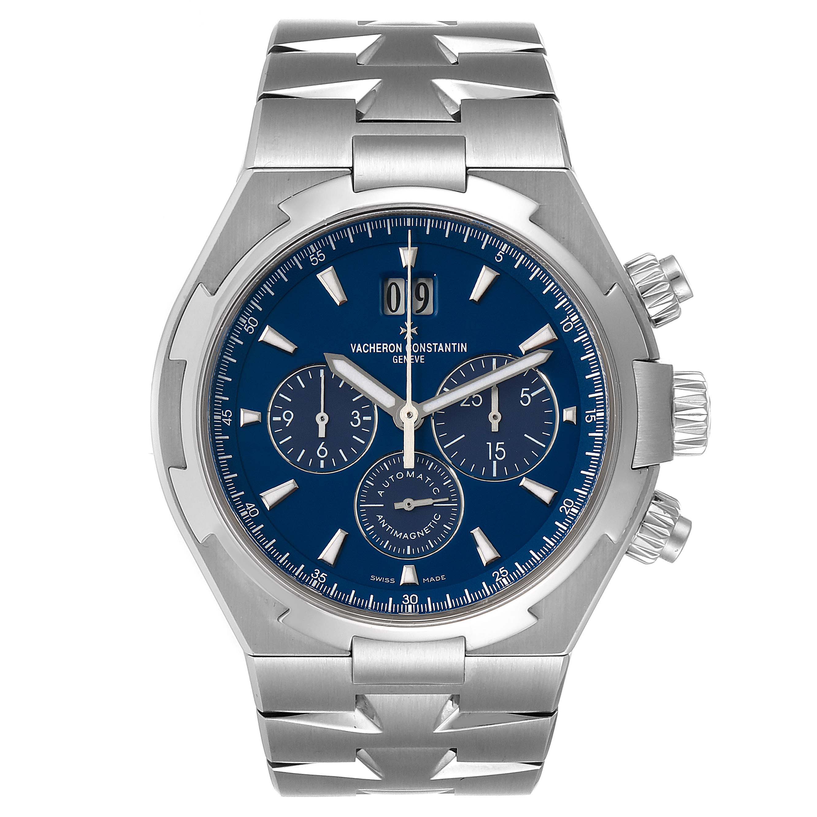 The image shows a front view of a Vacheron Constantin Overseas 49150.B01A.9097 Men's Stainless Steel Blue Dial 49150.B01A.9097 Men's Stainless Steel Blue Dial watch with a blue dial and three subdials.