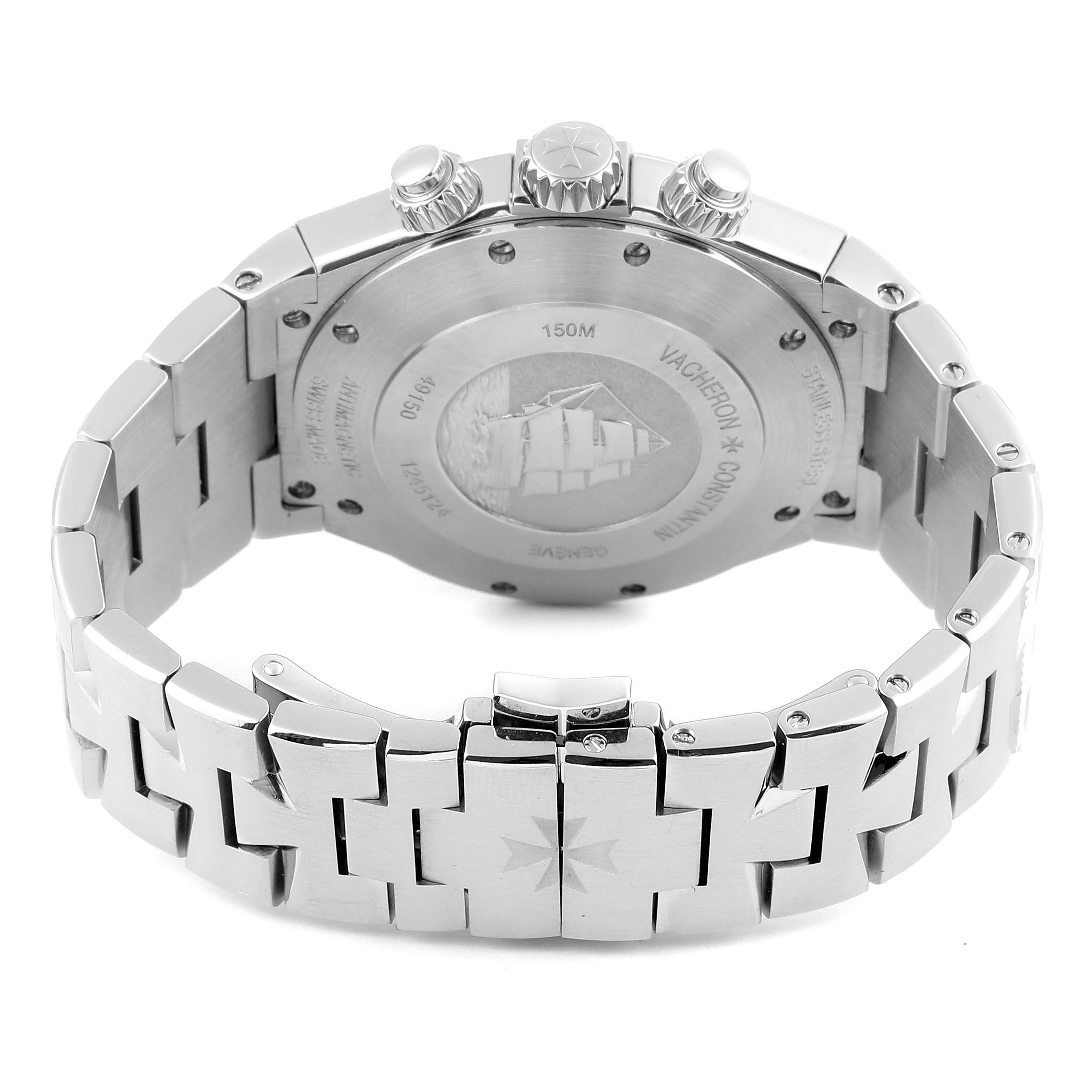 This image shows the back and bracelet of the Vacheron Constantin Overseas 49150.B01A.9097 Men's Stainless Steel Blue Dial 49150.B01A.9097 Men's Stainless Steel Blue Dial watch, highlighting its stainless steel case and clasp.