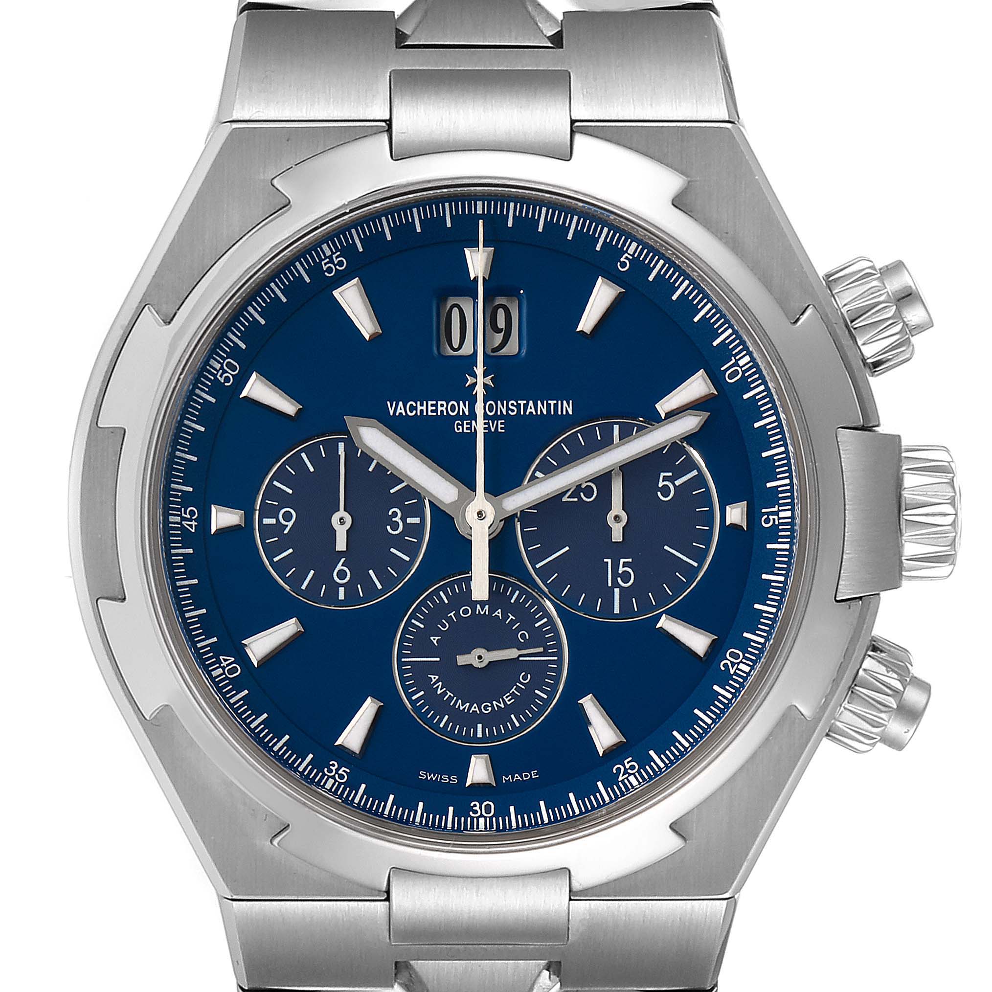 The image shows a front view of the Vacheron Constantin Overseas 49150.B01A.9097 Men's Stainless Steel Blue Dial 49150.B01A.9097 Men's Stainless Steel Blue Dial model, highlighting the blue dial, watch hands, subdials, and stainless steel case.