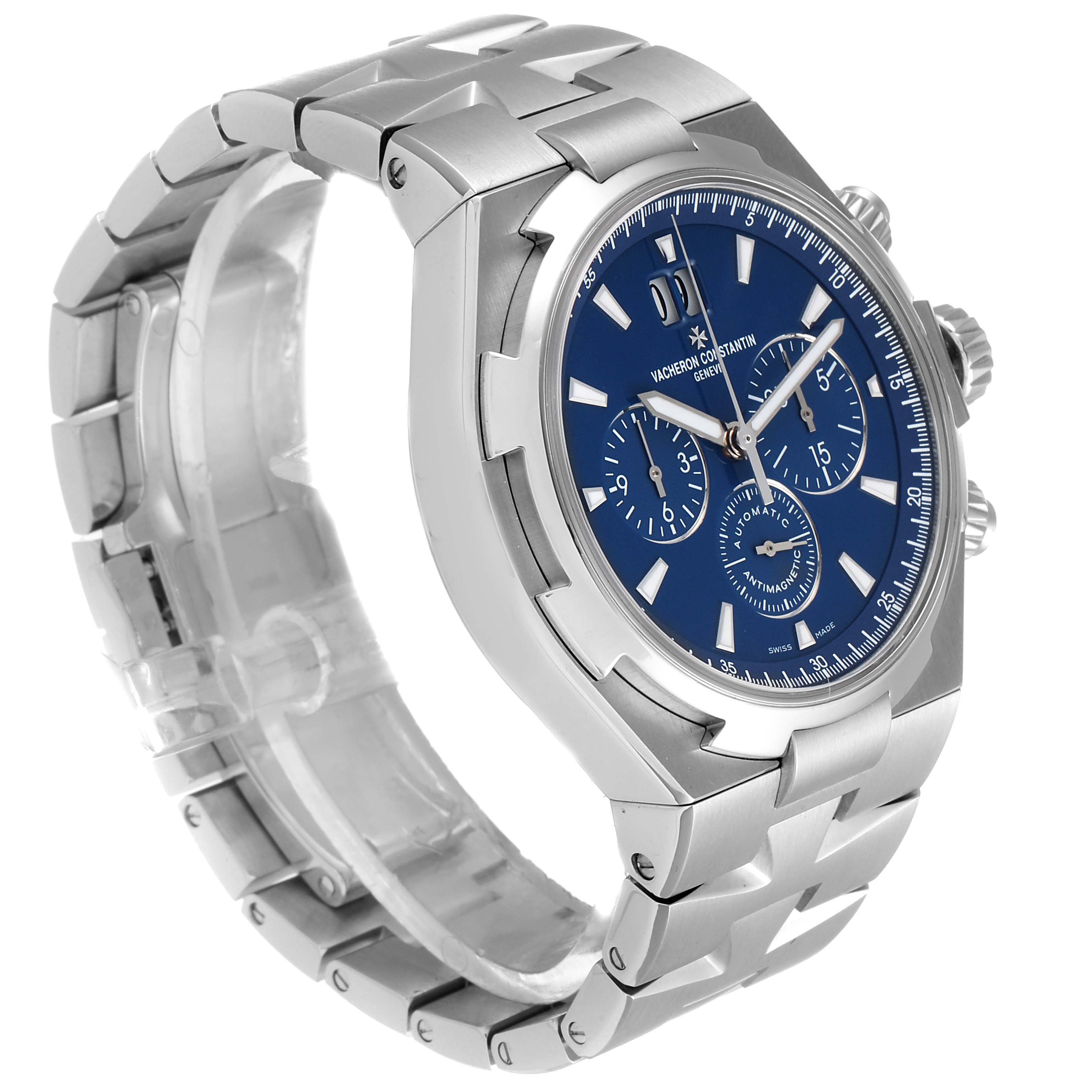 This image shows the Vacheron Constantin Overseas 49150.B01A.9097 Men's Stainless Steel Blue Dial 49150.B01A.9097 Men's Stainless Steel Blue Dial model watch from a three-quarter angle highlighting its stainless steel bracelet and blue dial.