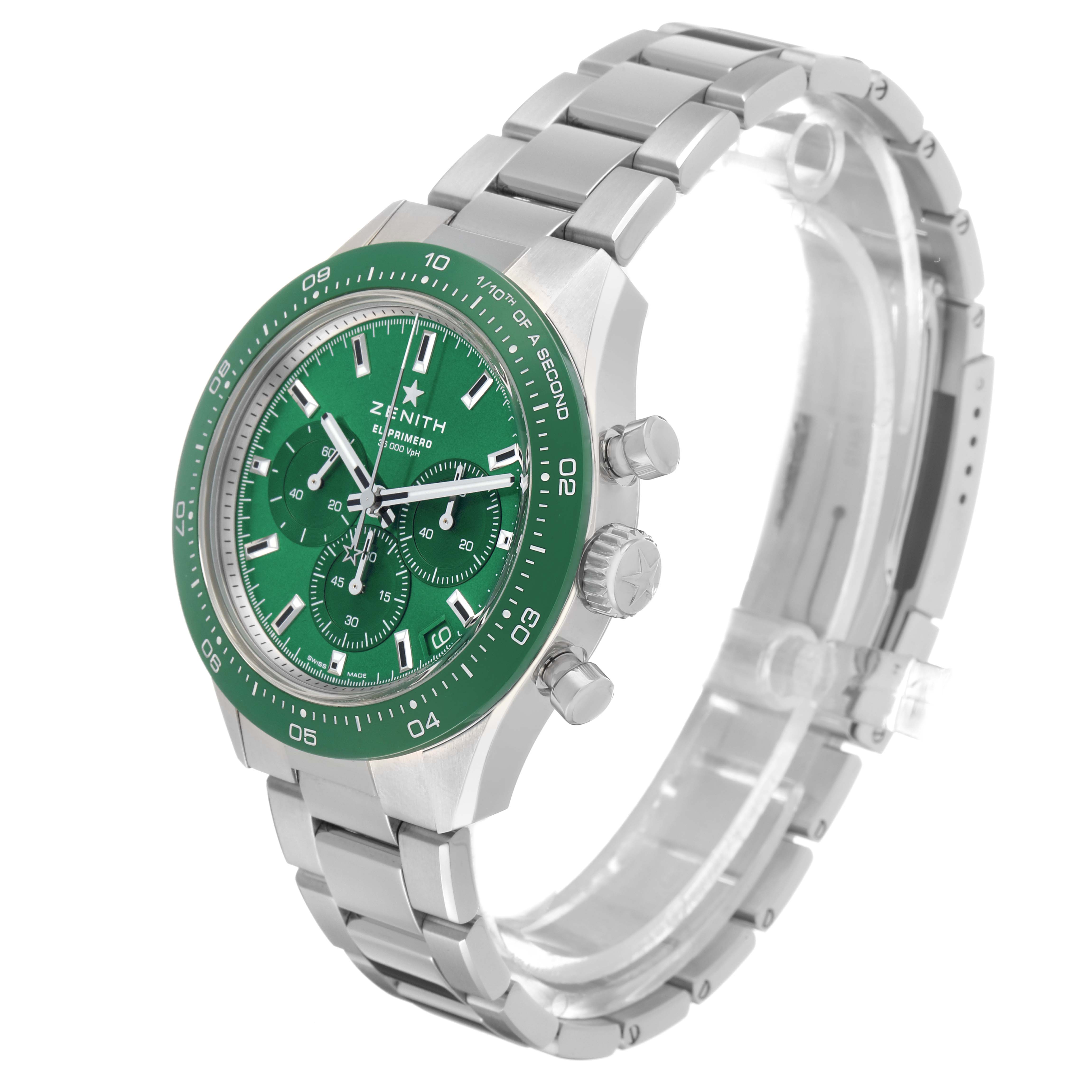 The Zenith Chronomaster 03.3107.3600 Men's Stainless Steel Green Dial watch is shown at an angled side view, featuring the dial, bezel, crown, pushers, and metal bracelet.