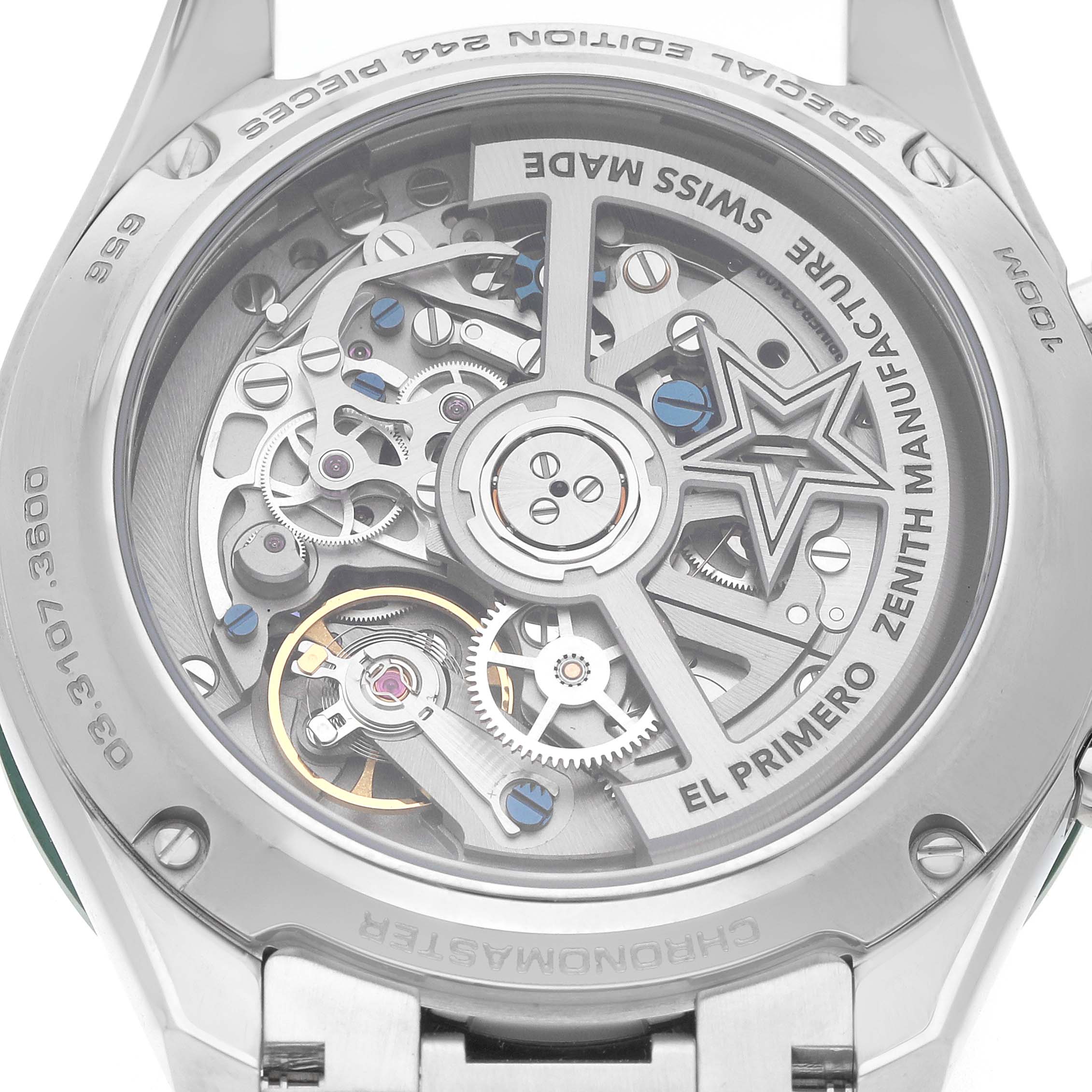 The image shows the back view of the Zenith Chronomaster 03.3107.3600 Men's Stainless Steel Green Dial, highlighting its intricate movement and mechanics.