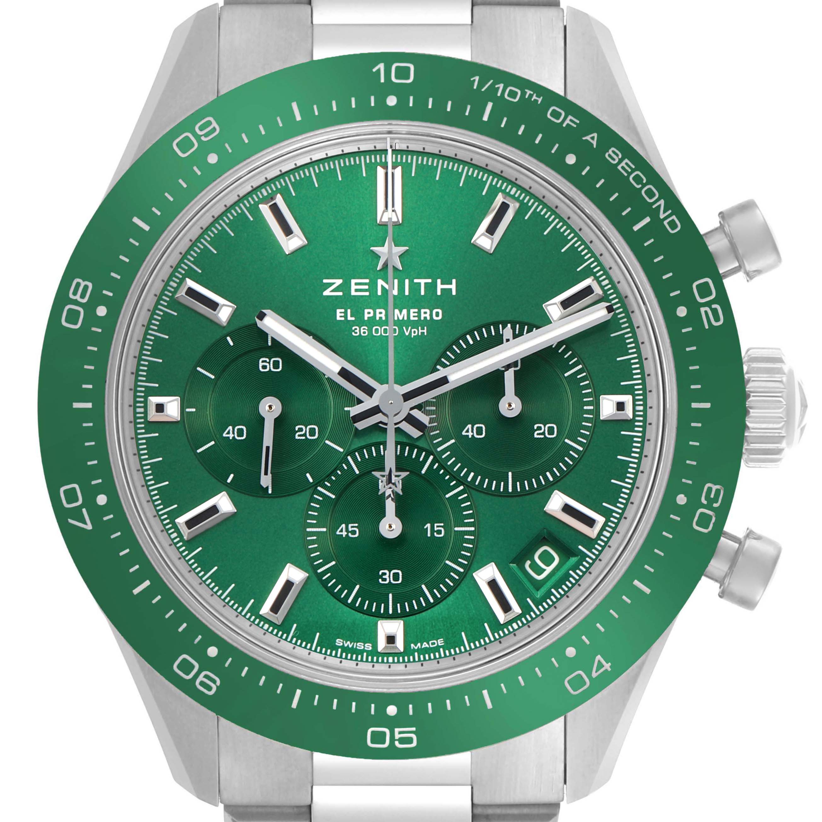 The Zenith Chronomaster 03.3107.3600 Men's Stainless Steel Green Dial watch is shown from the front, highlighting its green dial, subdials, and bezel markings.