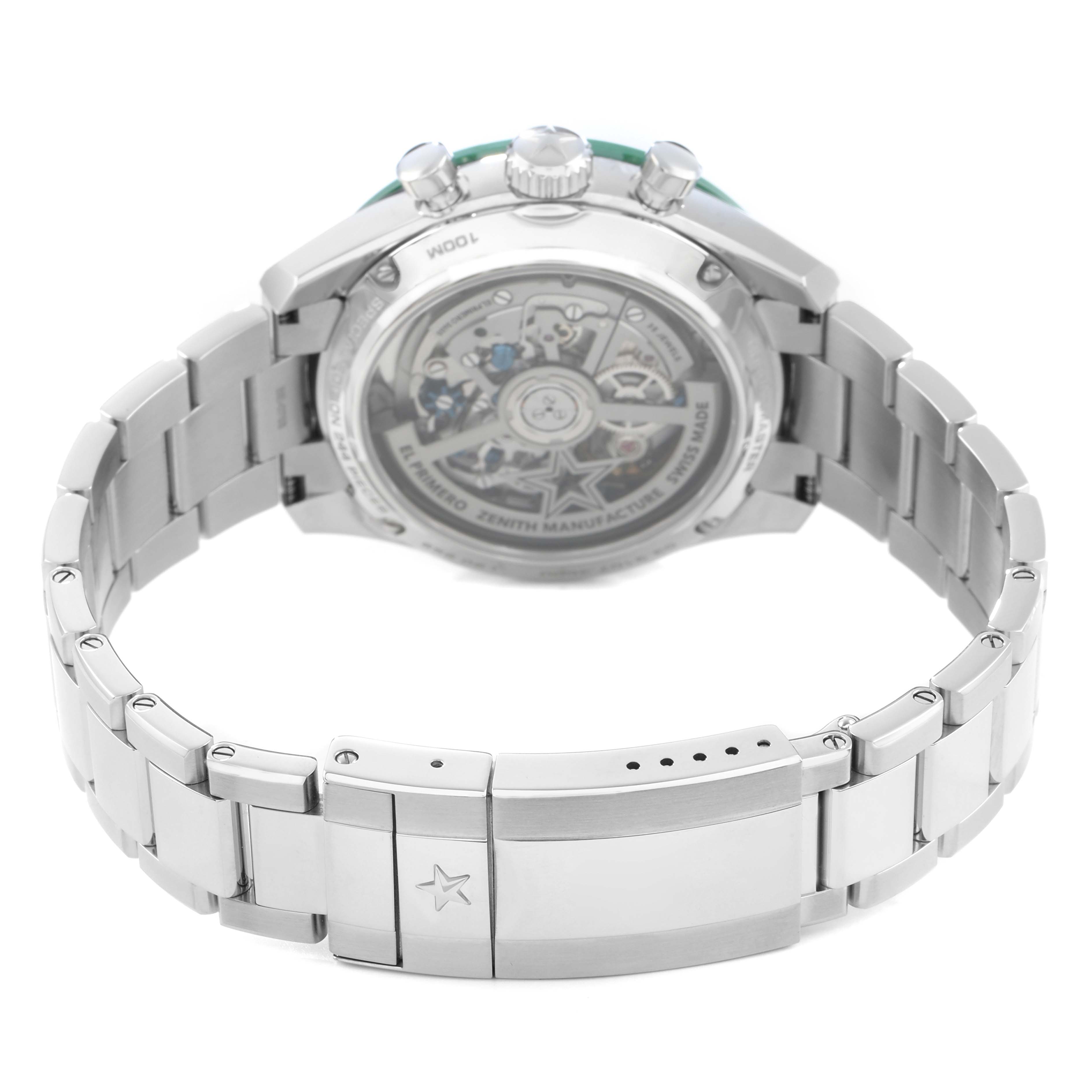 The image shows the back and bracelet of a Zenith Chronomaster 03.3107.3600 Men's Stainless Steel Green Dial watch, highlighting the transparent case back and metal bracelet.