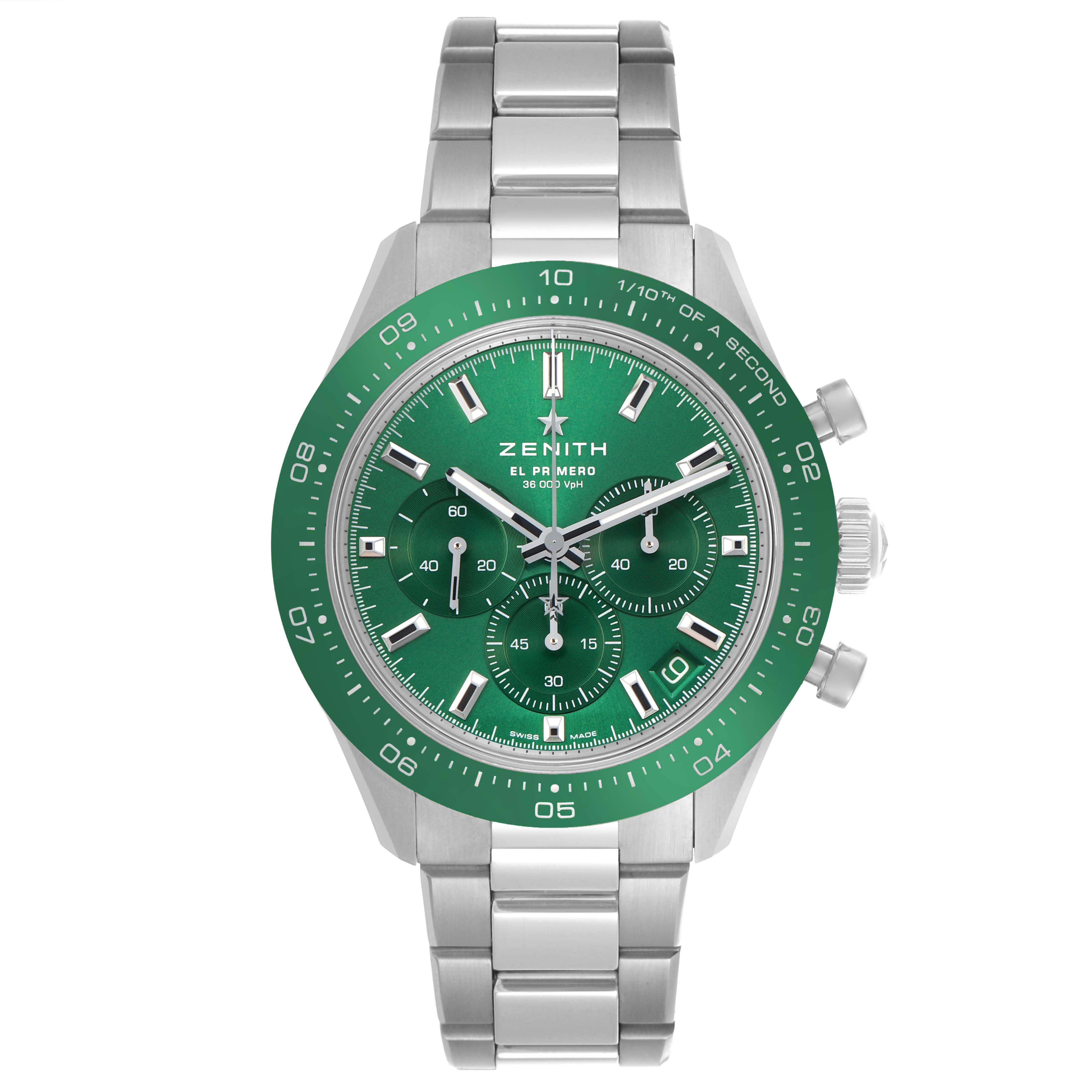 The Zenith Chronomaster 03.3107.3600 Men's Stainless Steel Green Dial watch is shown from the front, displaying its green dial, bezel, and metal bracelet.