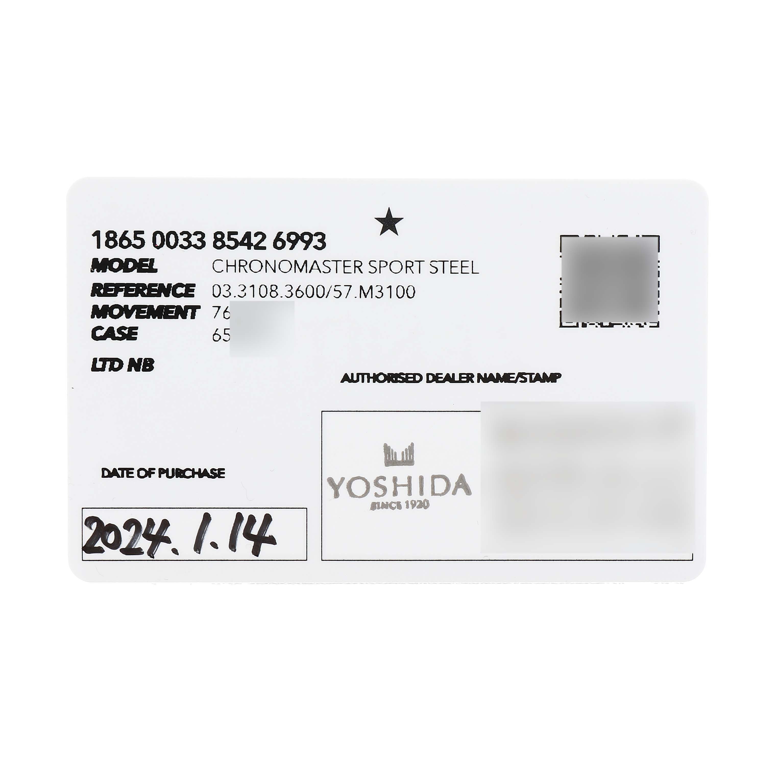 The image shows a front view of an authenticity card for the Zenith Chronomaster 03.3108.3600/57.M3100 Men's Stainless Steel Green Dial model.