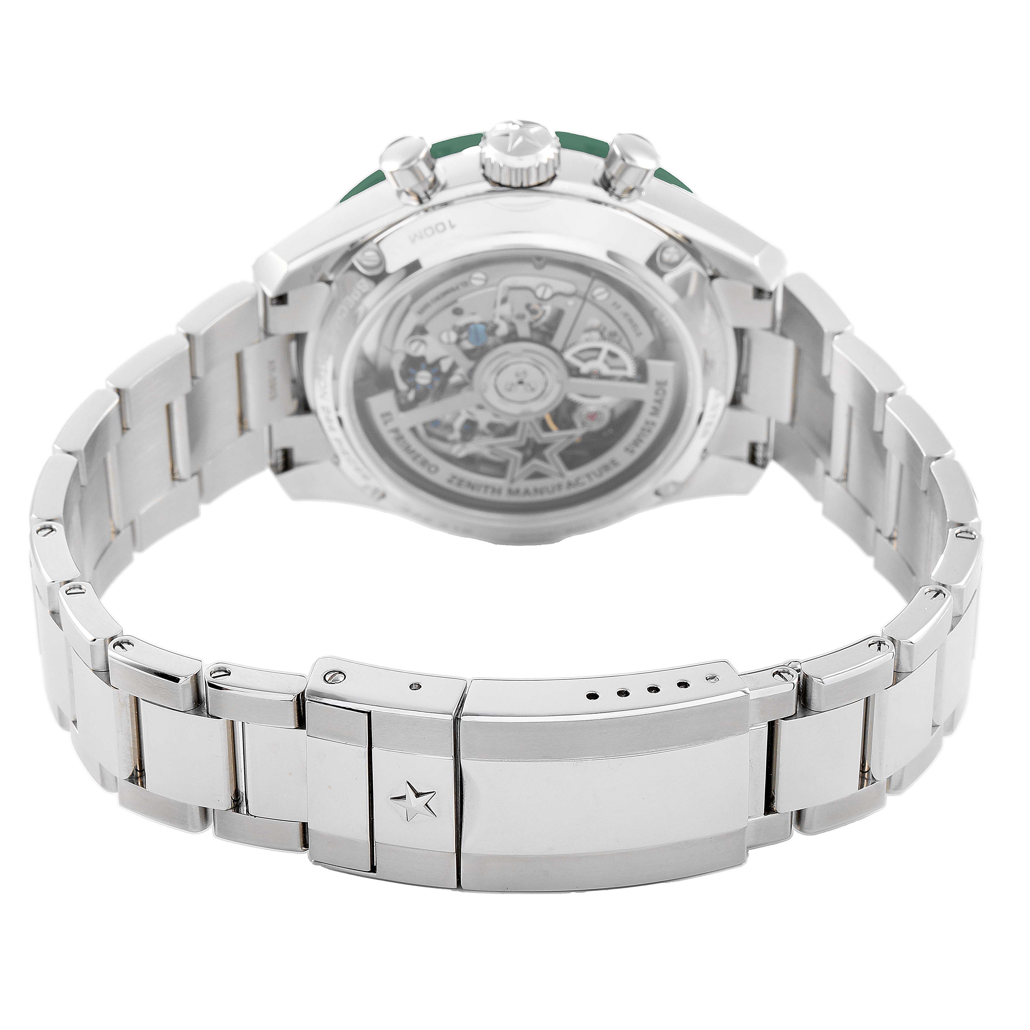 The image shows the back of the Zenith Chronomaster 03.3108.3600/57.M3100 Men's Stainless Steel Green Dial, highlighting its exhibition case back and stainless steel bracelet.