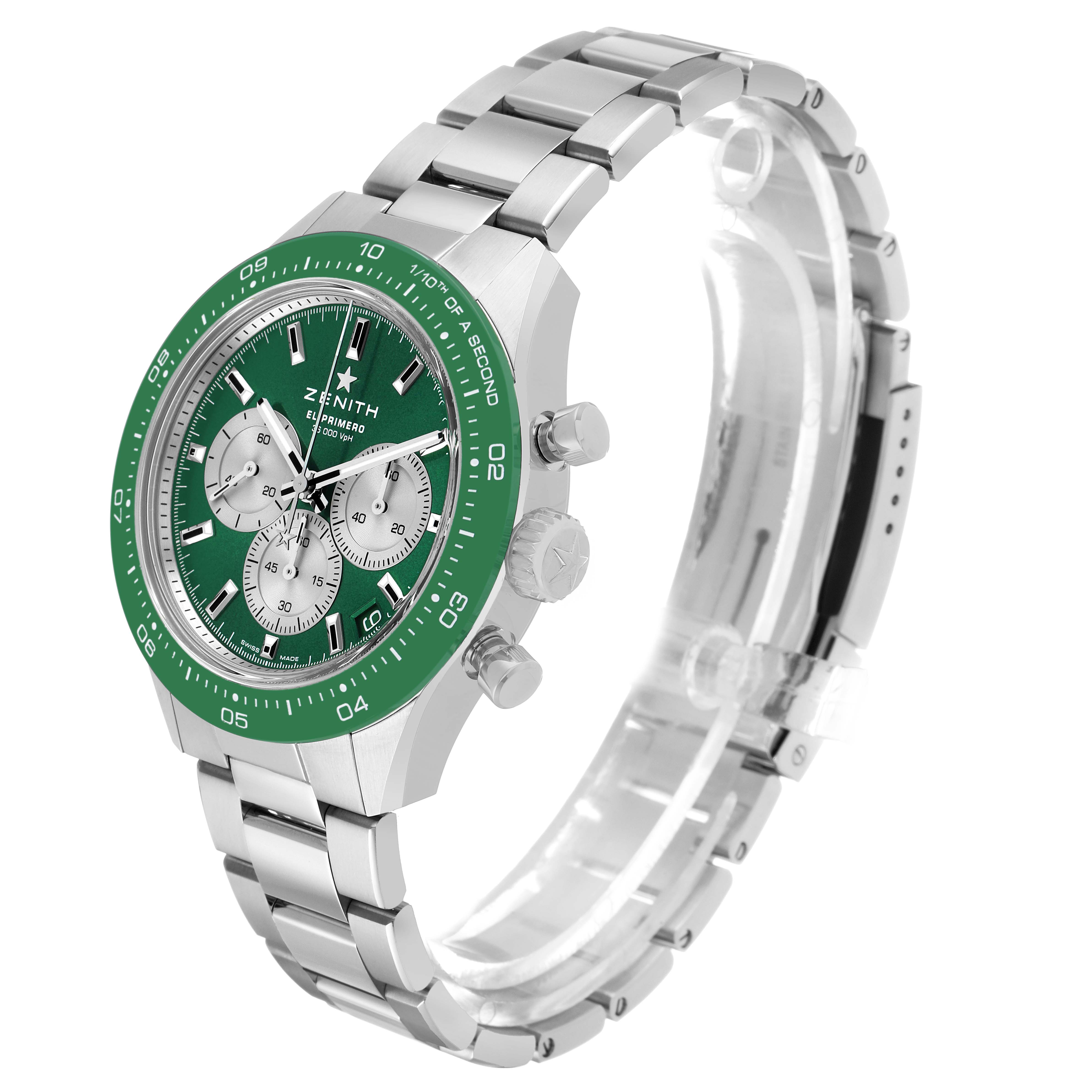 The Zenith Chronomaster 03.3108.3600/57.M3100 Men's Stainless Steel Green Dial watch is shown from an angled side view, displaying the bezel, dial, pushers, and bracelet.