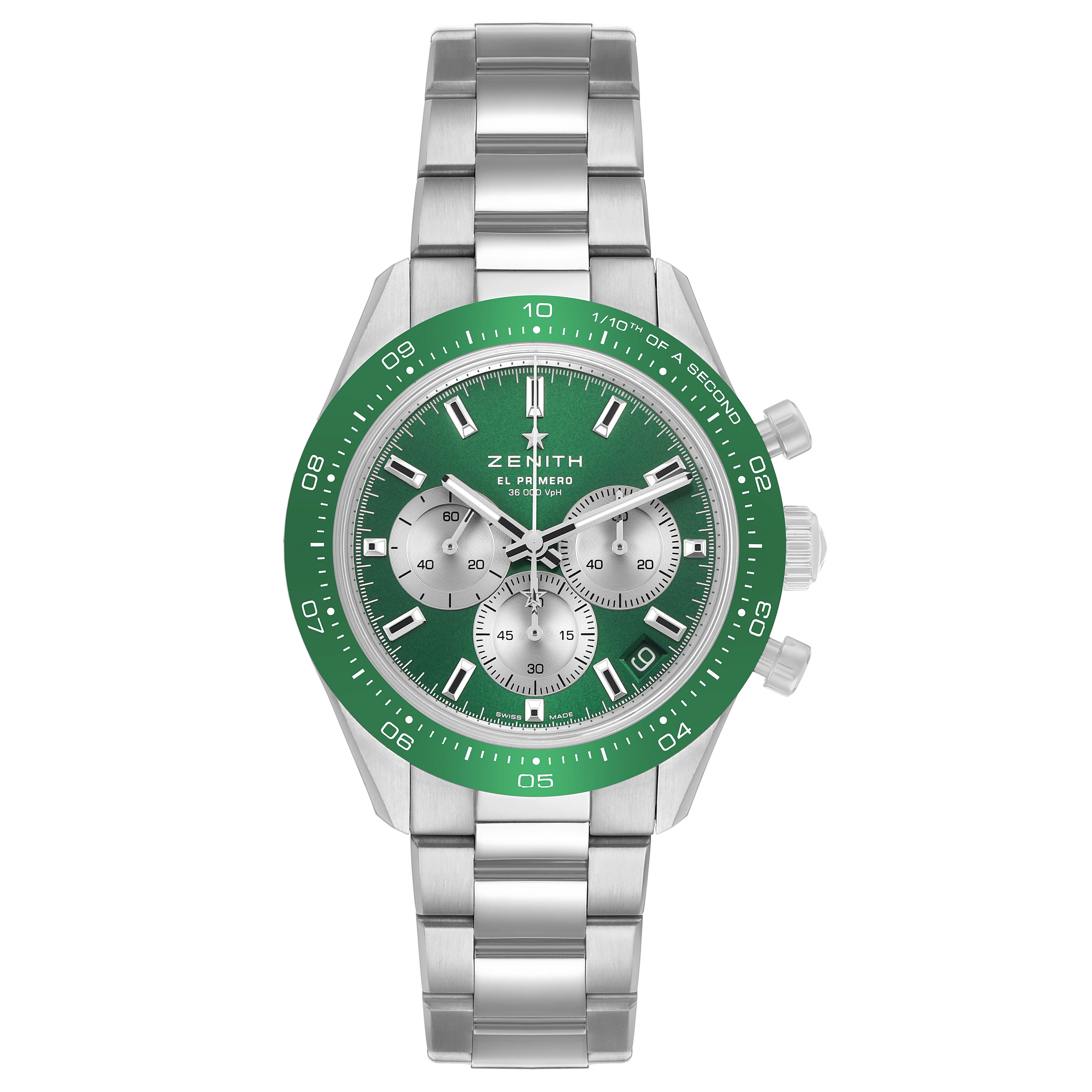 The Zenith Chronomaster 03.3108.3600/57.M3100 Men's Stainless Steel Green Dial watch is shown from a front angle, displaying its green bezel, dial, and metal bracelet.