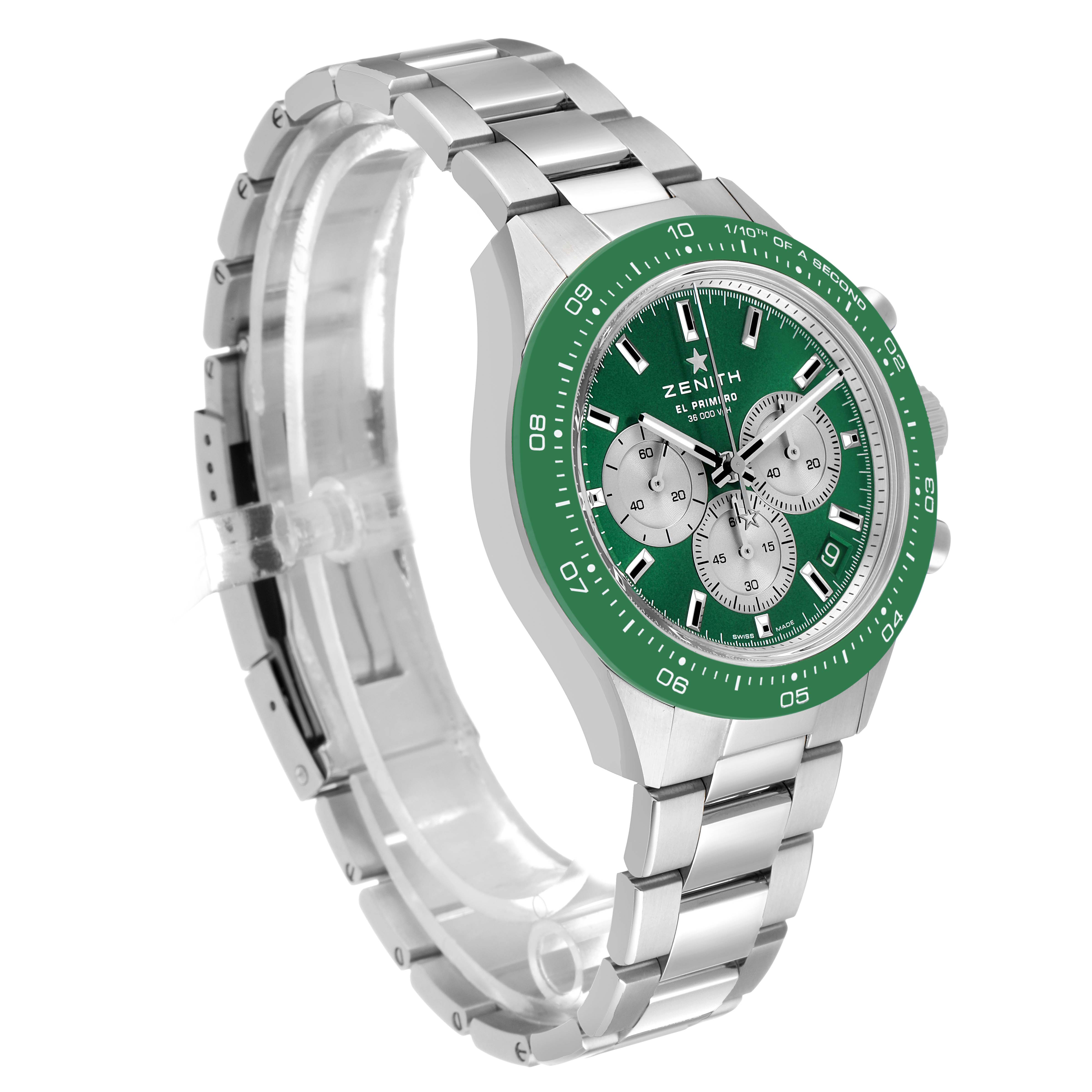 The Zenith Chronomaster 03.3108.3600/57.M3100 Men's Stainless Steel Green Dial watch is shown at a slight angle, displaying the face, bezel, and metal bracelet.
