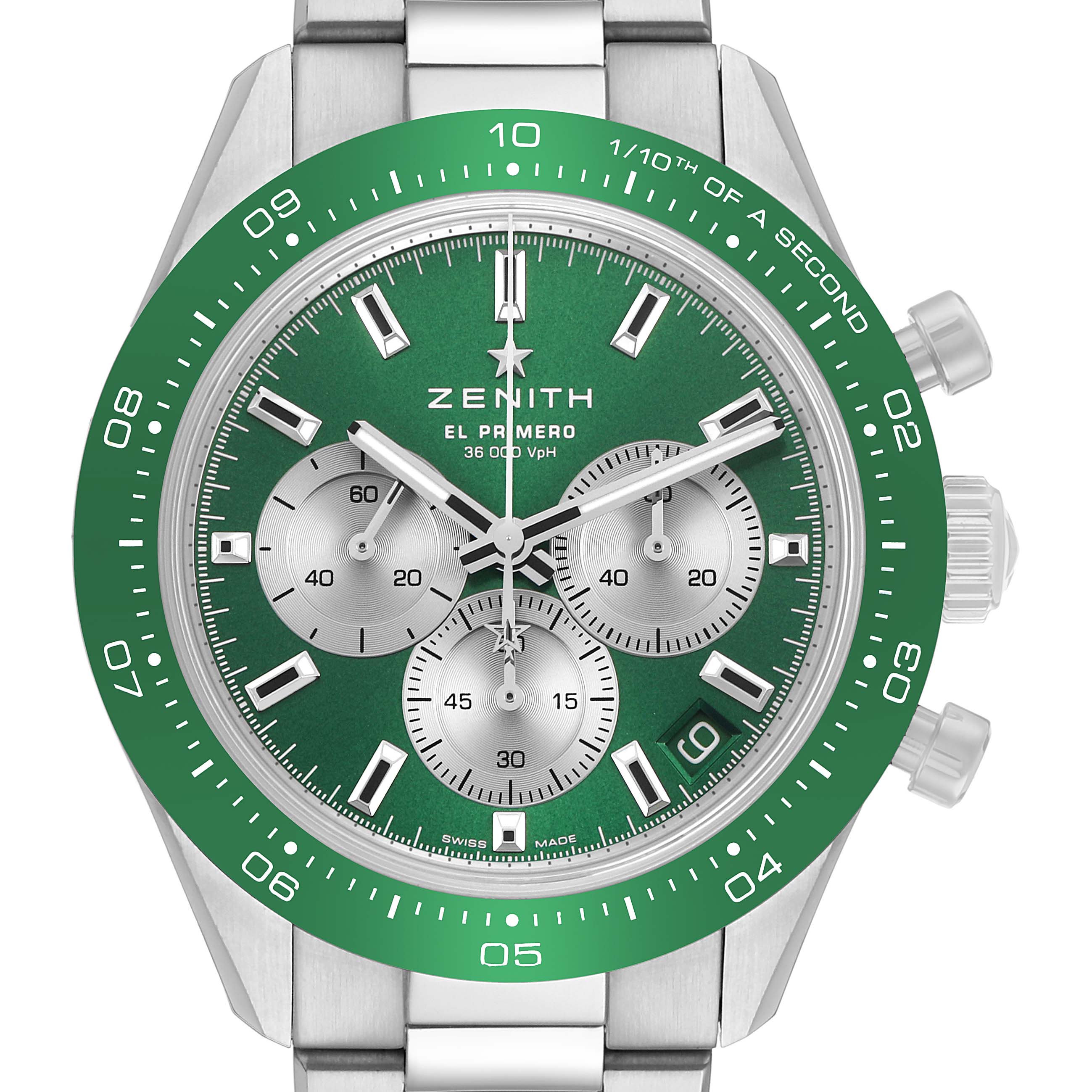 The Zenith Chronomaster 03.3108.3600/57.M3100 Men's Stainless Steel Green Dial watch is shown from a front angle, featuring a green bezel, green dial, and three sub-dials.