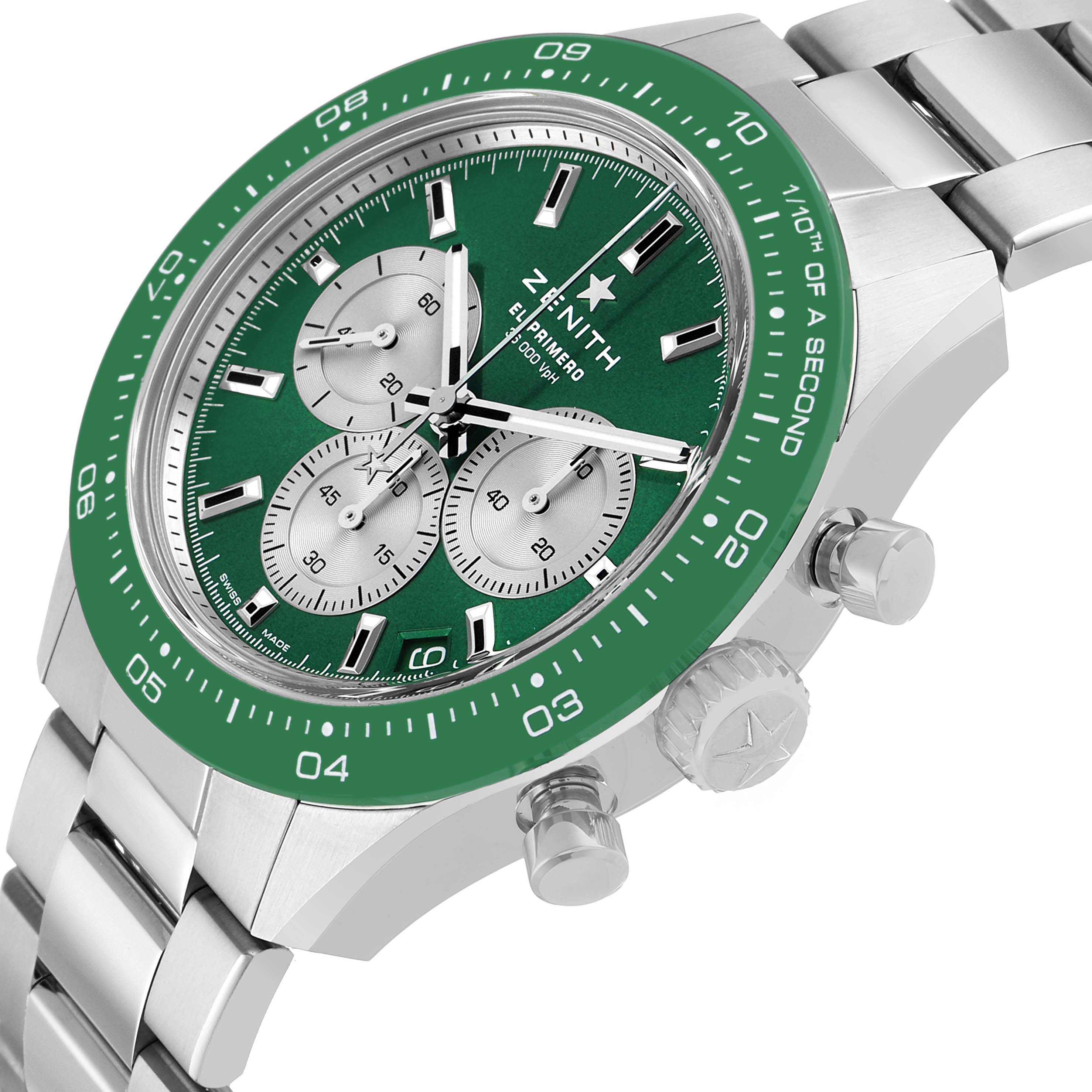 The Zenith Chronomaster 03.3108.3600/57.M3100 Men's Stainless Steel Green Dial watch is shown from an angled side view, highlighting the green bezel, sub-dials, and steel bracelet.