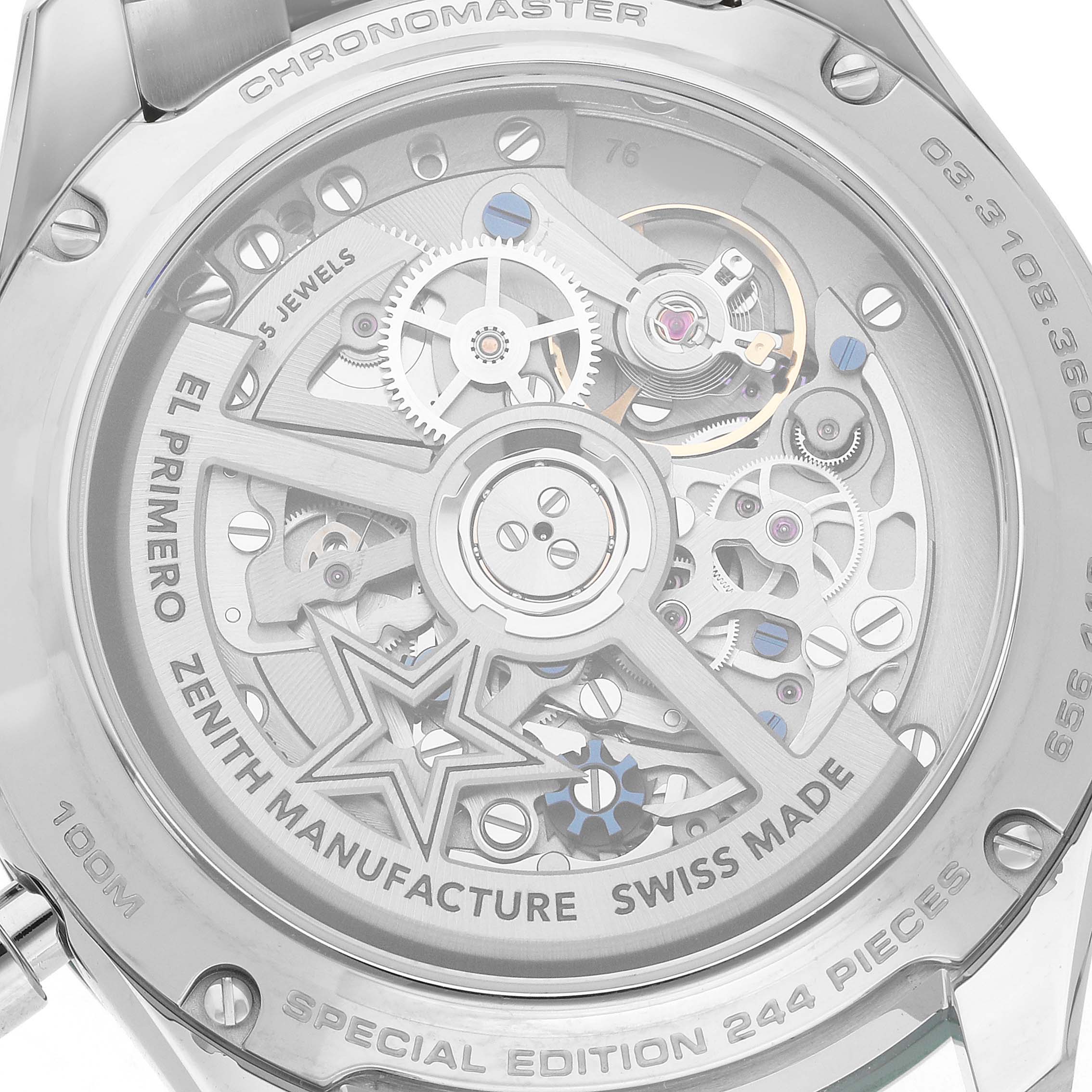 The image shows the back of a Zenith Chronomaster 03.3108.3600/57.M3100 Men's Stainless Steel Green Dial, highlighting the intricate movement and engravings.