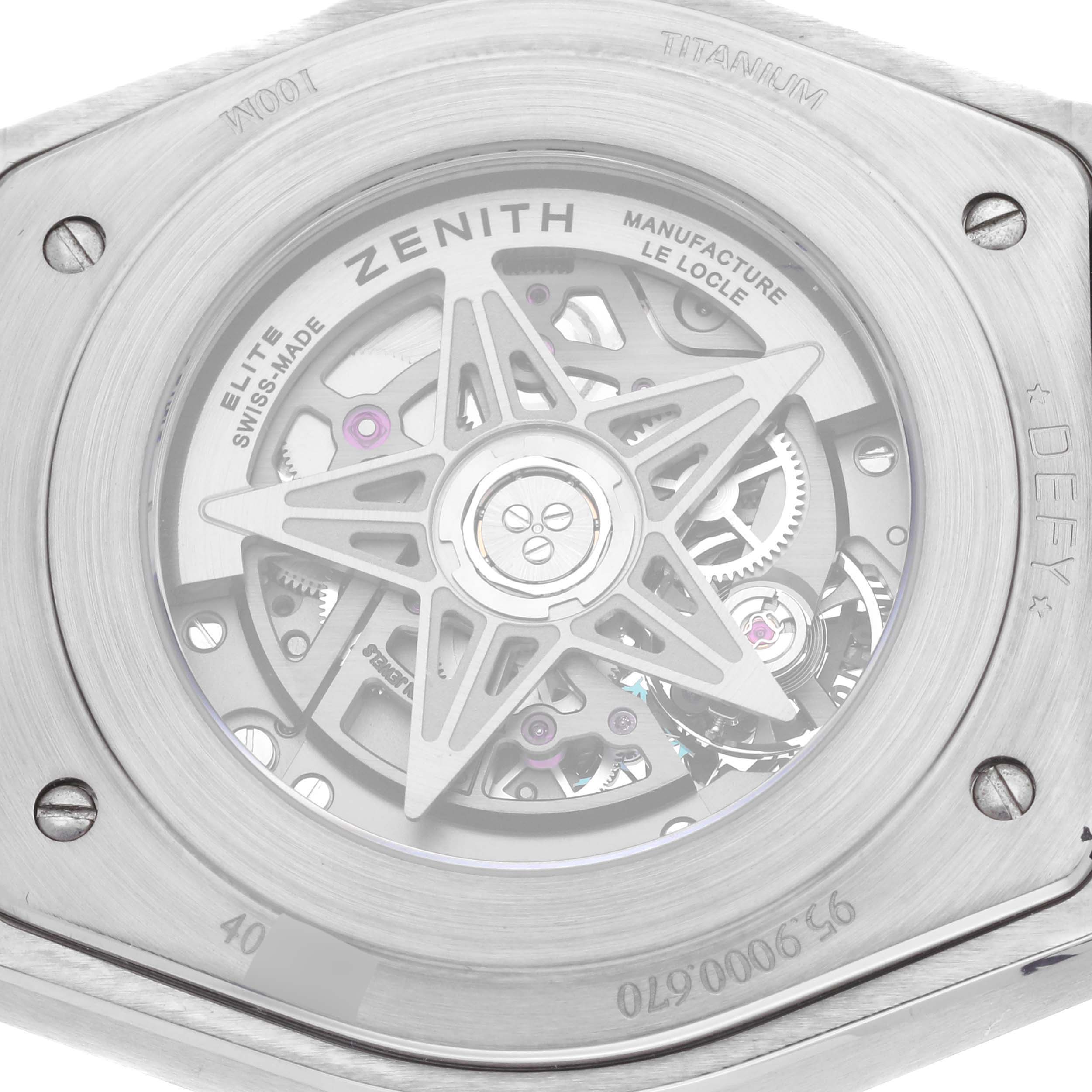 The image shows the back view of a Zenith Defy 95.9000.670 Men
s Stainless Steel Grey Dial 95.9000.670 Men
s Stainless Steel Grey Dial watch, highlighting its exposed movement and star-shaped rotor.