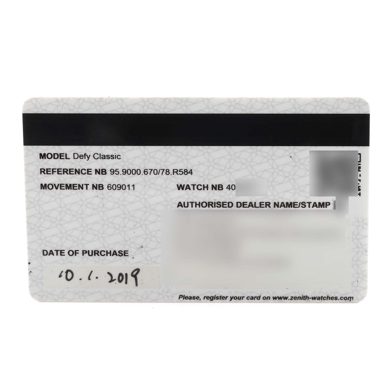 This image shows the warranty card for the Zenith Defy 95.9000.670 Men
s Stainless Steel Grey Dial 95.9000.670 Men
s Stainless Steel Grey Dial Classic watch.