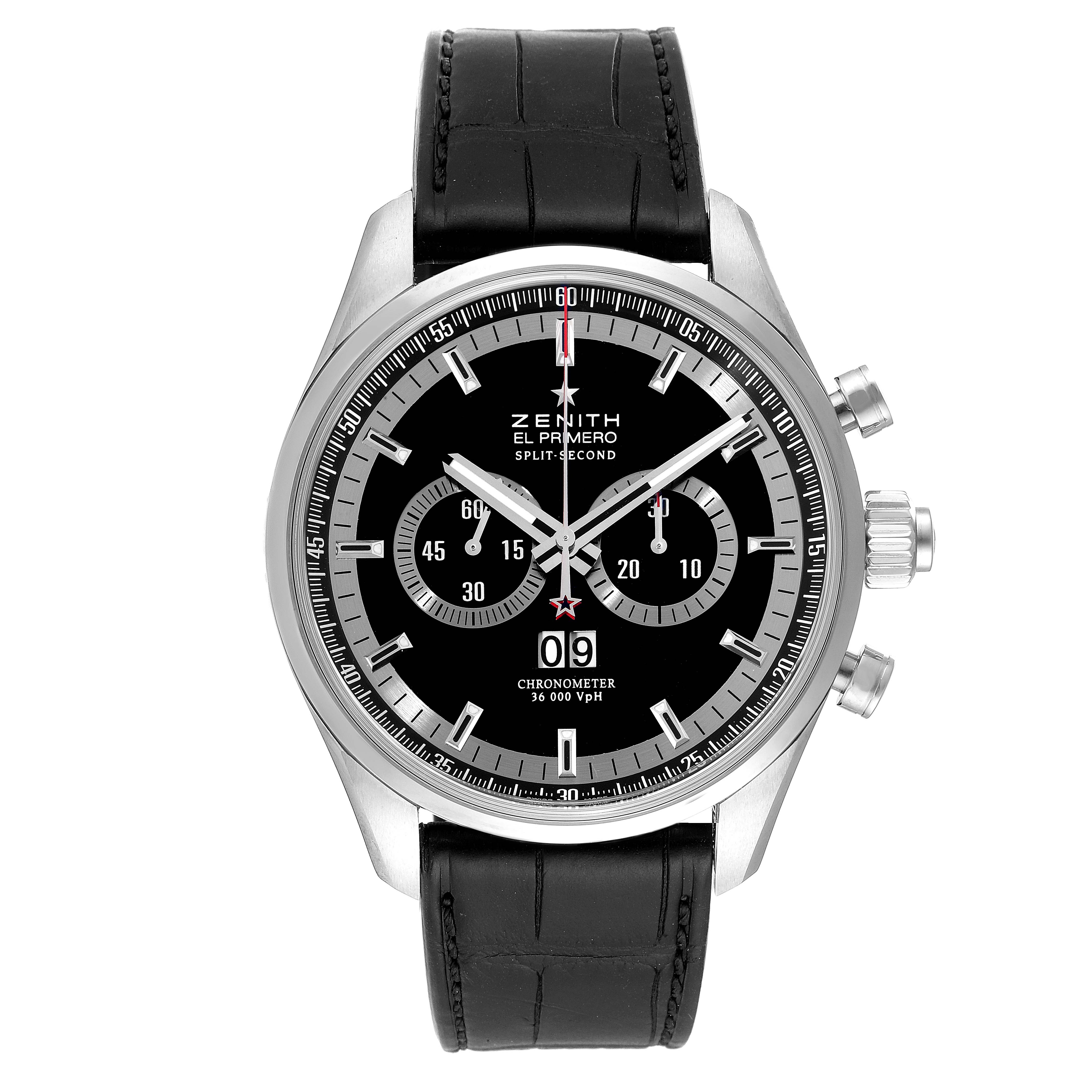 The Zenith El Primero 03.2050.4026/91.C630 Men's Stainless Steel Black Dial 03.2050.4026/91.C630 Men's Stainless Steel Black Dial watch is shown from the front, displaying its face, dials, and leather strap.
