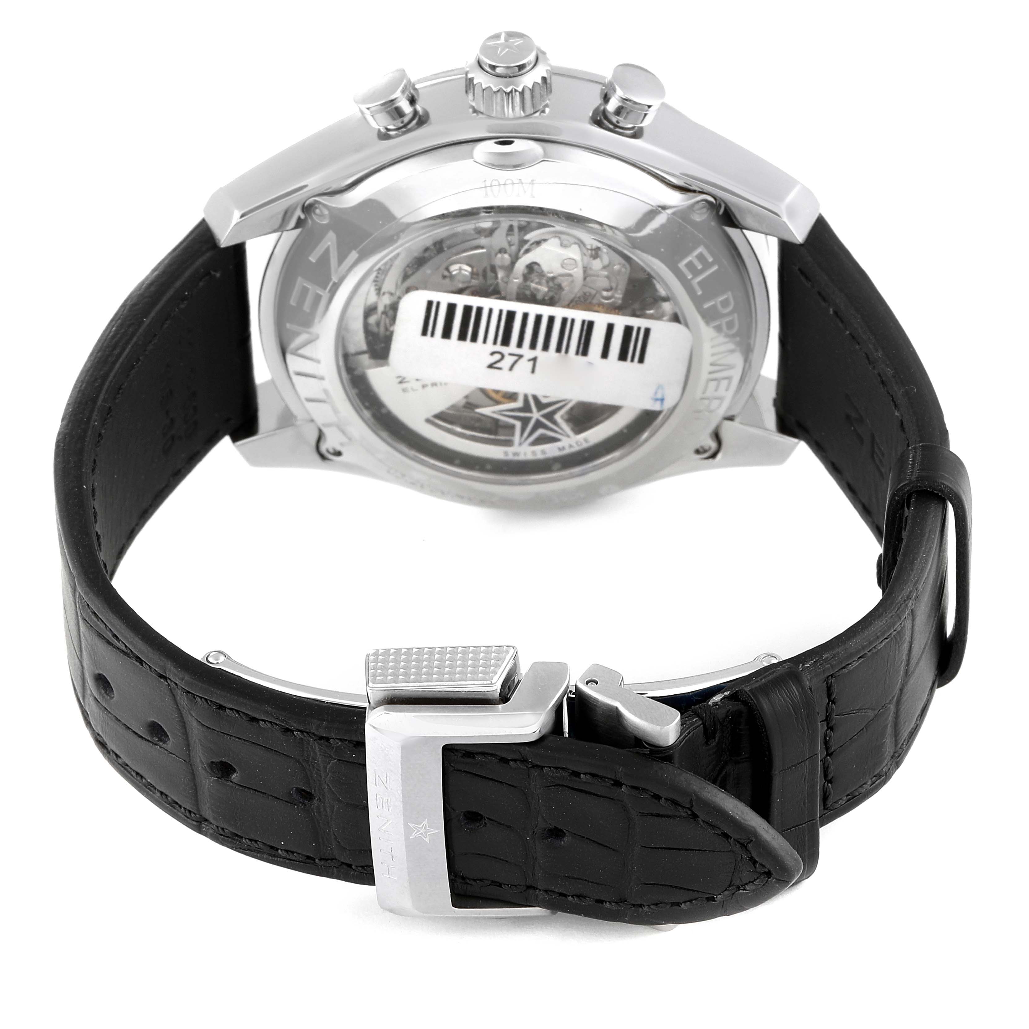 The image shows the back view of the Zenith El Primero 03.2050.4026/91.C630 Men's Stainless Steel Black Dial 03.2050.4026/91.C630 Men's Stainless Steel Black Dial watch, highlighting the strap and clasp.