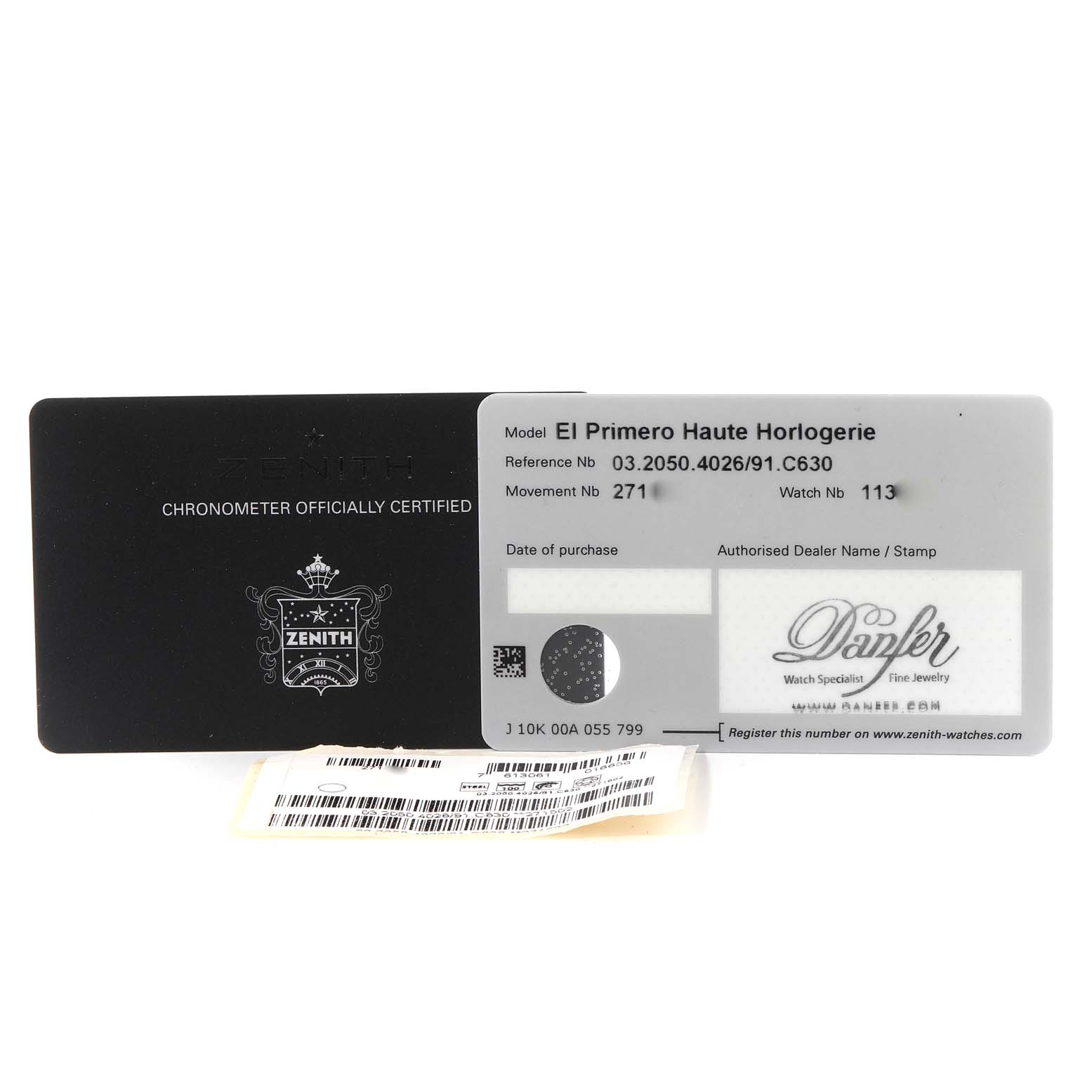 The image shows certification and warranty cards for the Zenith El Primero 03.2050.4026/91.C630 Men's Stainless Steel Black Dial 03.2050.4026/91.C630 Men's Stainless Steel Black Dial model, displaying details like reference and movement numbers.