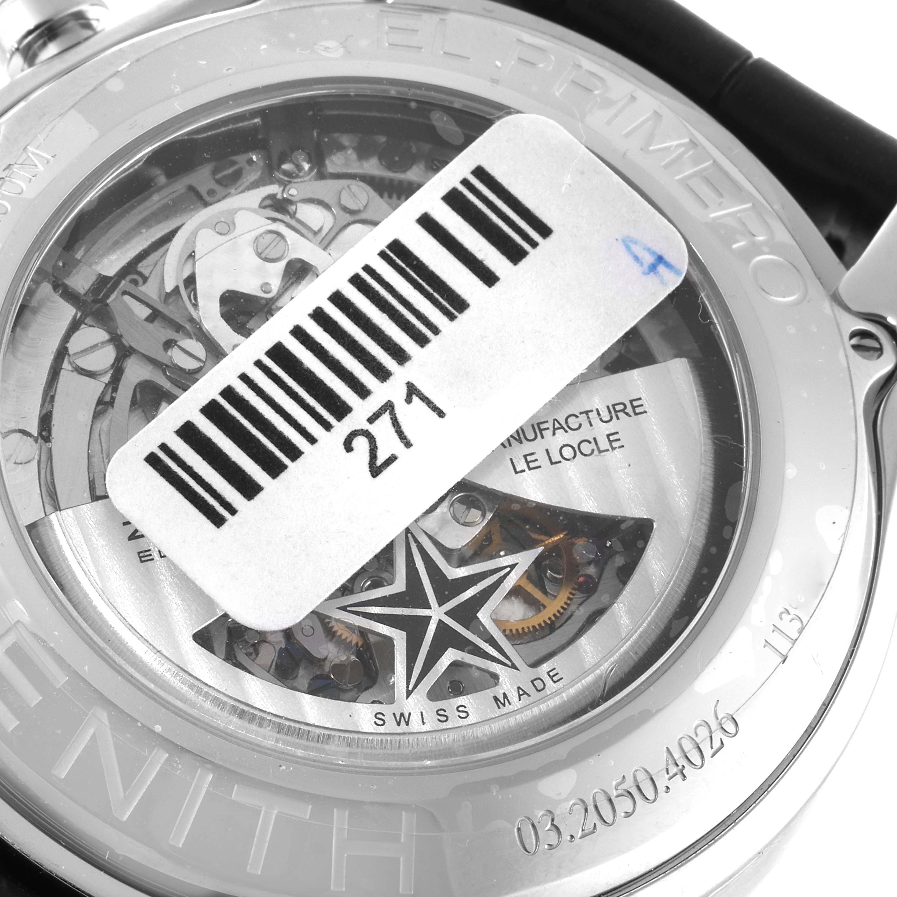 This image shows the back of a Zenith El Primero 03.2050.4026/91.C630 Men's Stainless Steel Black Dial 03.2050.4026/91.C630 Men's Stainless Steel Black Dial watch, highlighting its mechanisms and engravings.