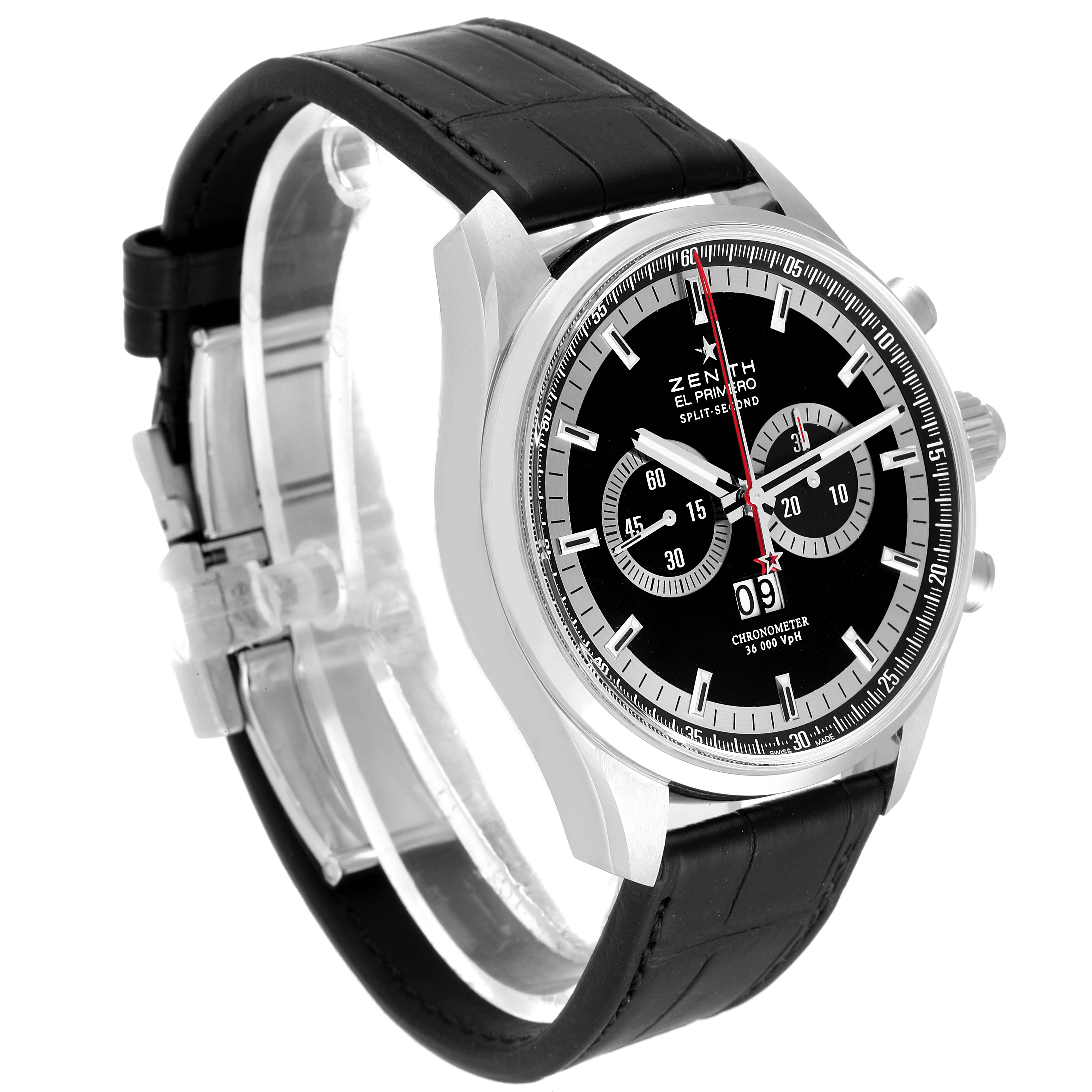 The Zenith El Primero 03.2050.4026/91.C630 Men's Stainless Steel Black Dial 03.2050.4026/91.C630 Men's Stainless Steel Black Dial is shown at a three-quarter angle, highlighting the black dial, chronograph subdials, and leather strap.