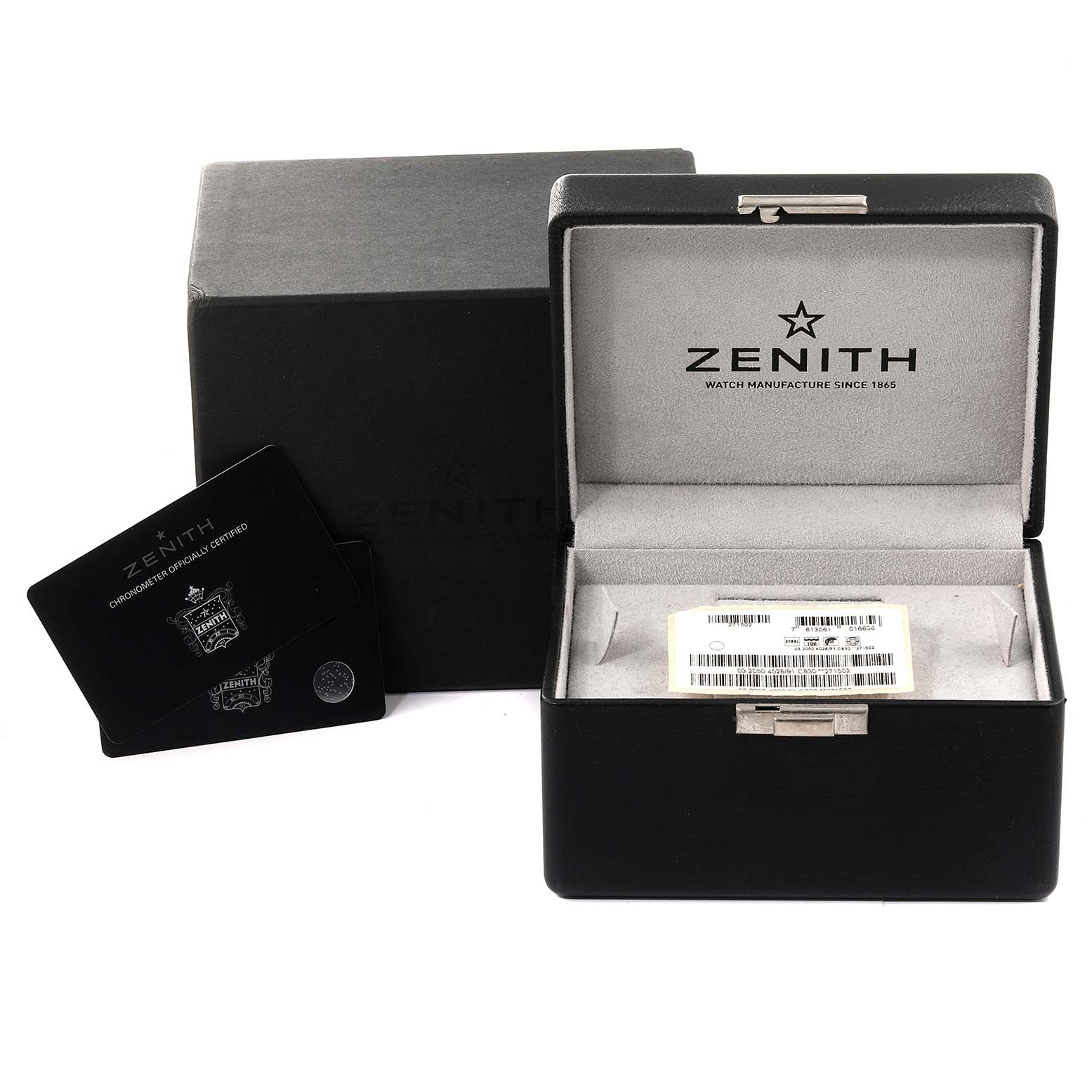 The image shows the open box, warranty card, and packaging for the Zenith El Primero 03.2050.4026/91.C630 Men's Stainless Steel Black Dial 03.2050.4026/91.C630 Men's Stainless Steel Black Dial watch.