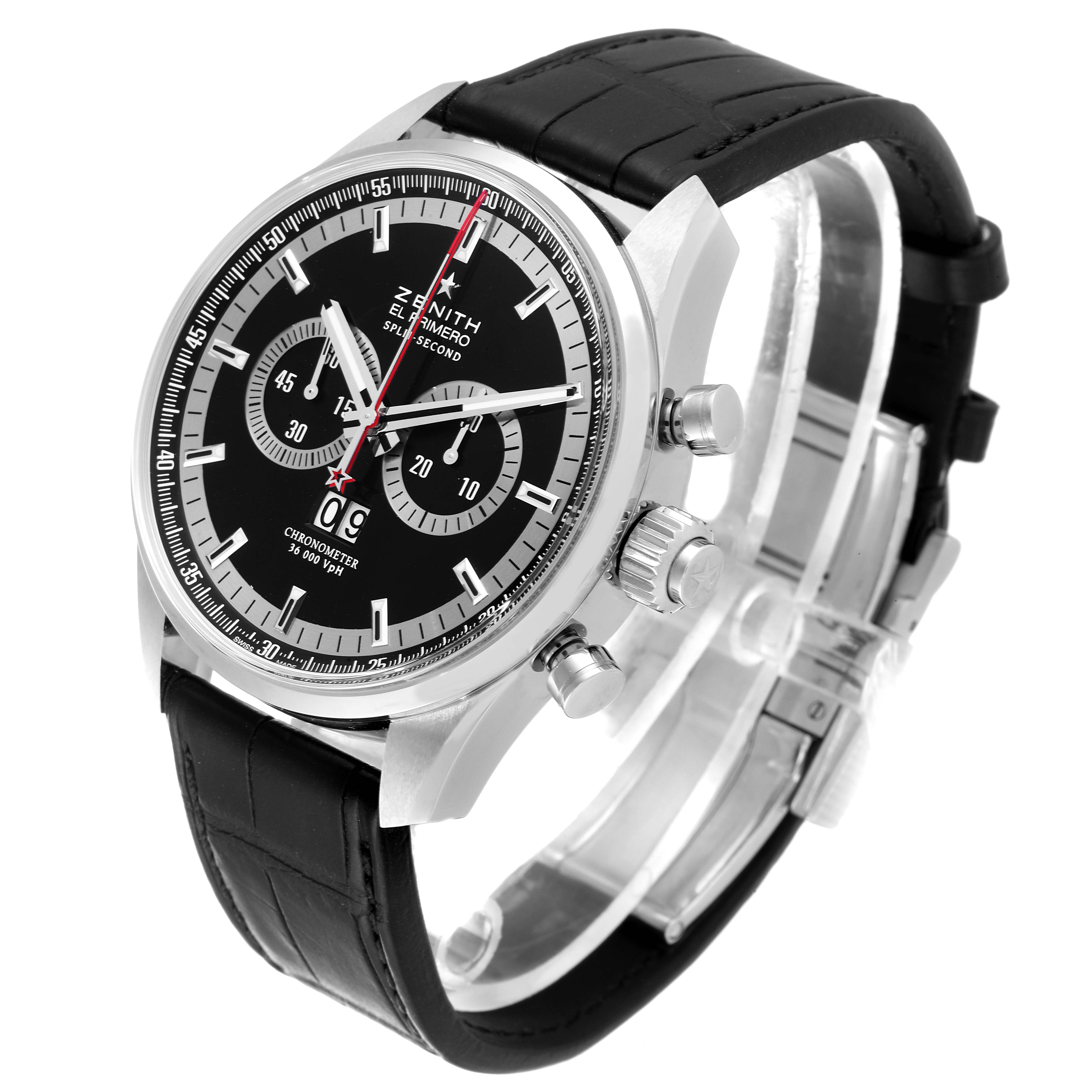 This Zenith El Primero 03.2050.4026/91.C630 Men's Stainless Steel Black Dial 03.2050.4026/91.C630 Men's Stainless Steel Black Dial watch is shown at an oblique angle highlighting the face, crown, pushers, and black leather strap.