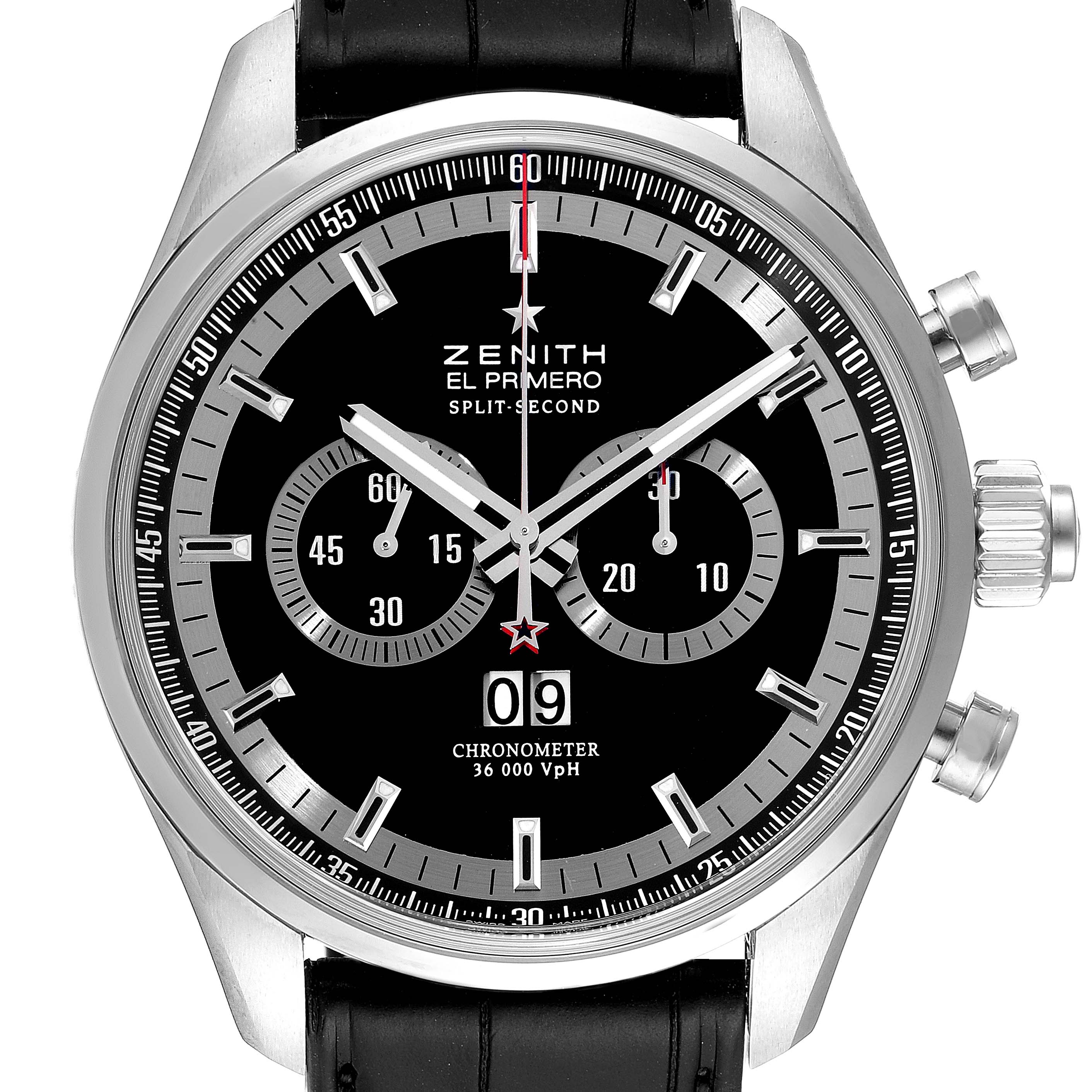 The image shows a close-up of the Zenith El Primero 03.2050.4026/91.C630 Men's Stainless Steel Black Dial 03.2050.4026/91.C630 Men's Stainless Steel Black Dial watch face, highlighting the dial, subdials, hands, and winder.
