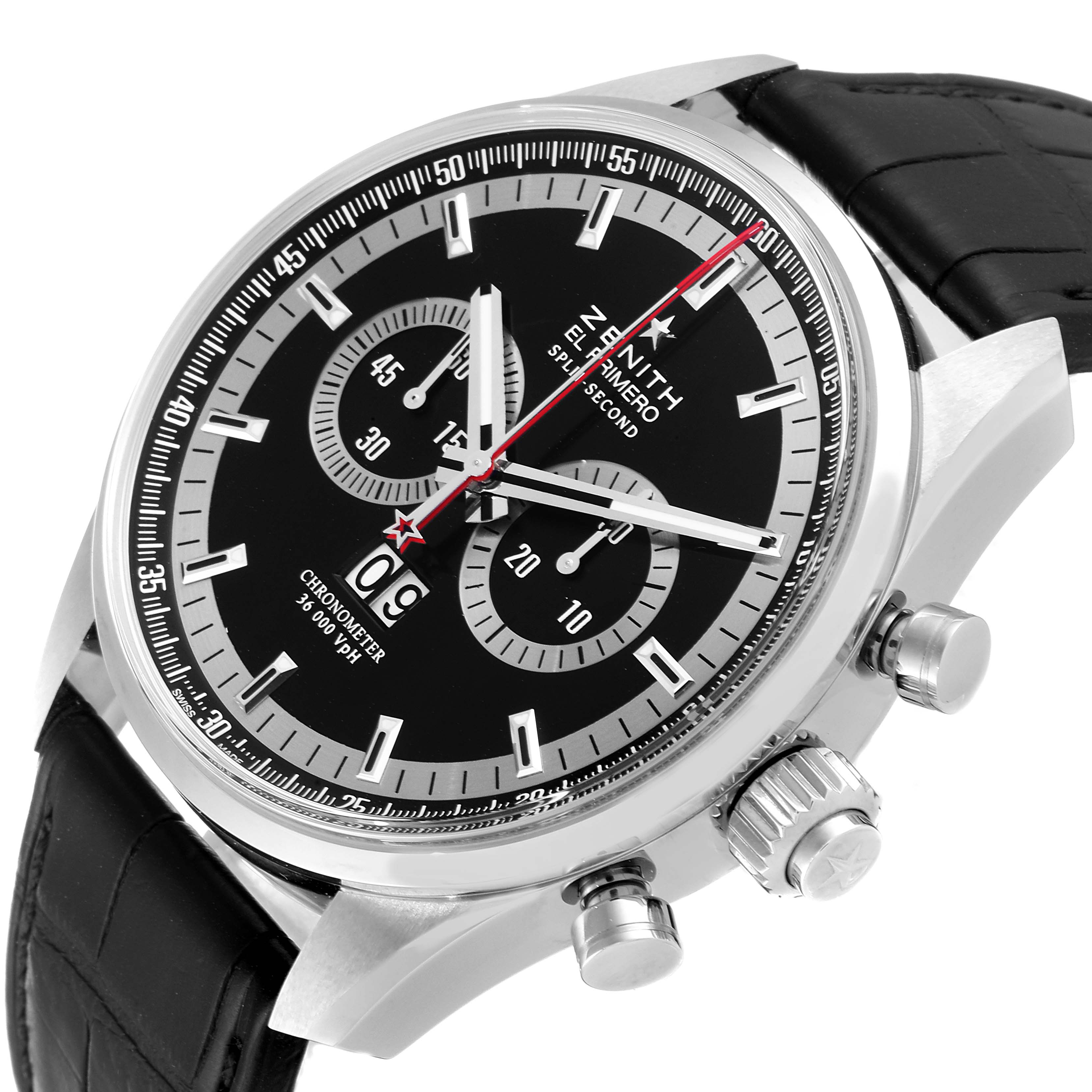 This Zenith El Primero 03.2050.4026/91.C630 Men's Stainless Steel Black Dial 03.2050.4026/91.C630 Men's Stainless Steel Black Dial watch is shown from a front-angle view, displaying the dial, subdials, crown, and strap.