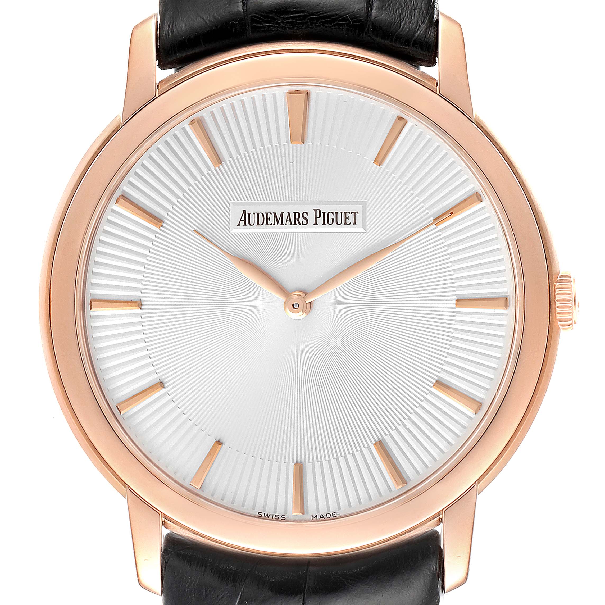The image shows a front-facing view of the Audemars Piguet Jules 15180OR.OO.A102CR.01 Men's Rose Gold Silver Dial 15180OR.OO.A102CR.01 Men's Rose Gold Silver Dial watch, highlighting its dial and bezel.
