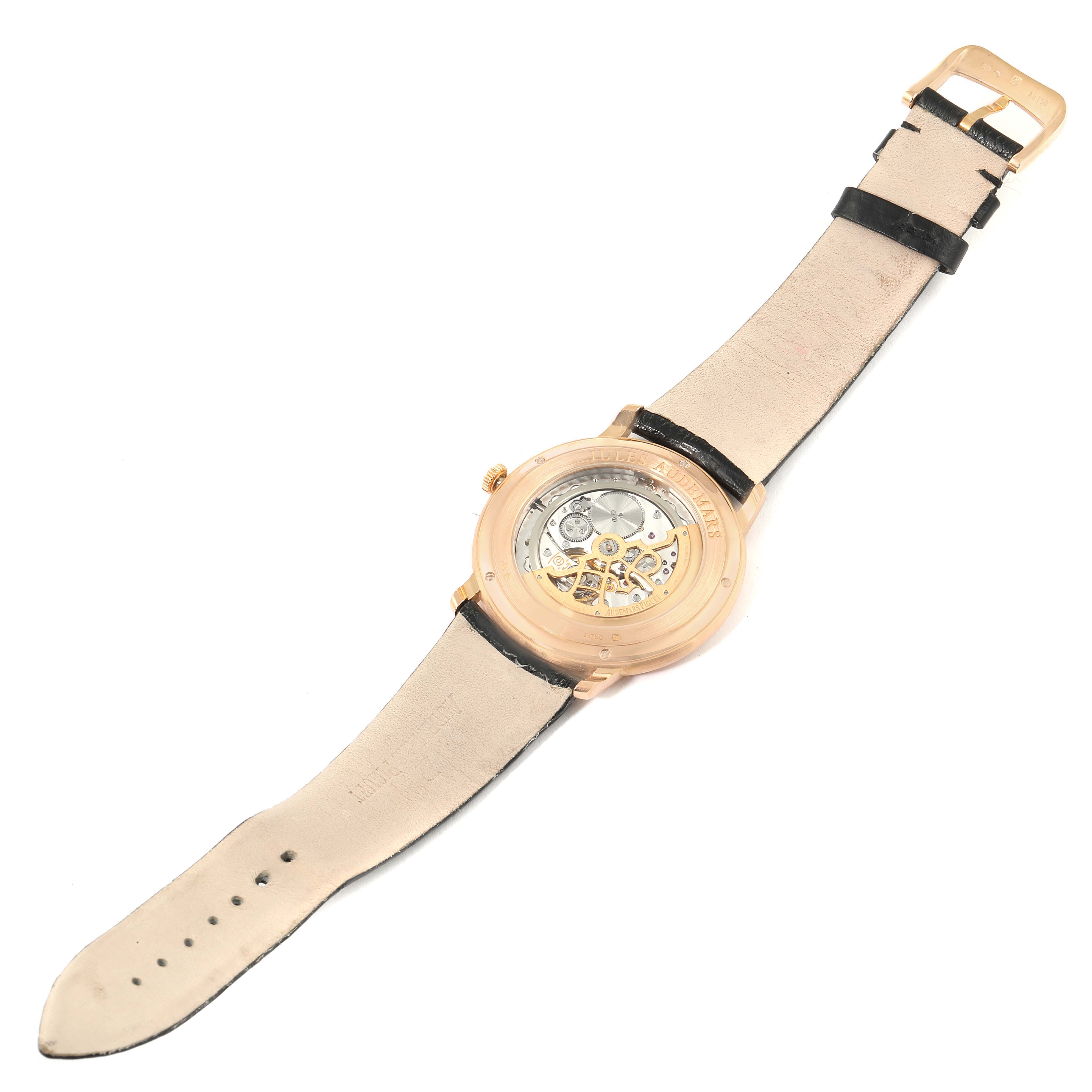 The image shows the back view of the Jules model by Audemars Piguet, highlighting its transparent case back and strap.