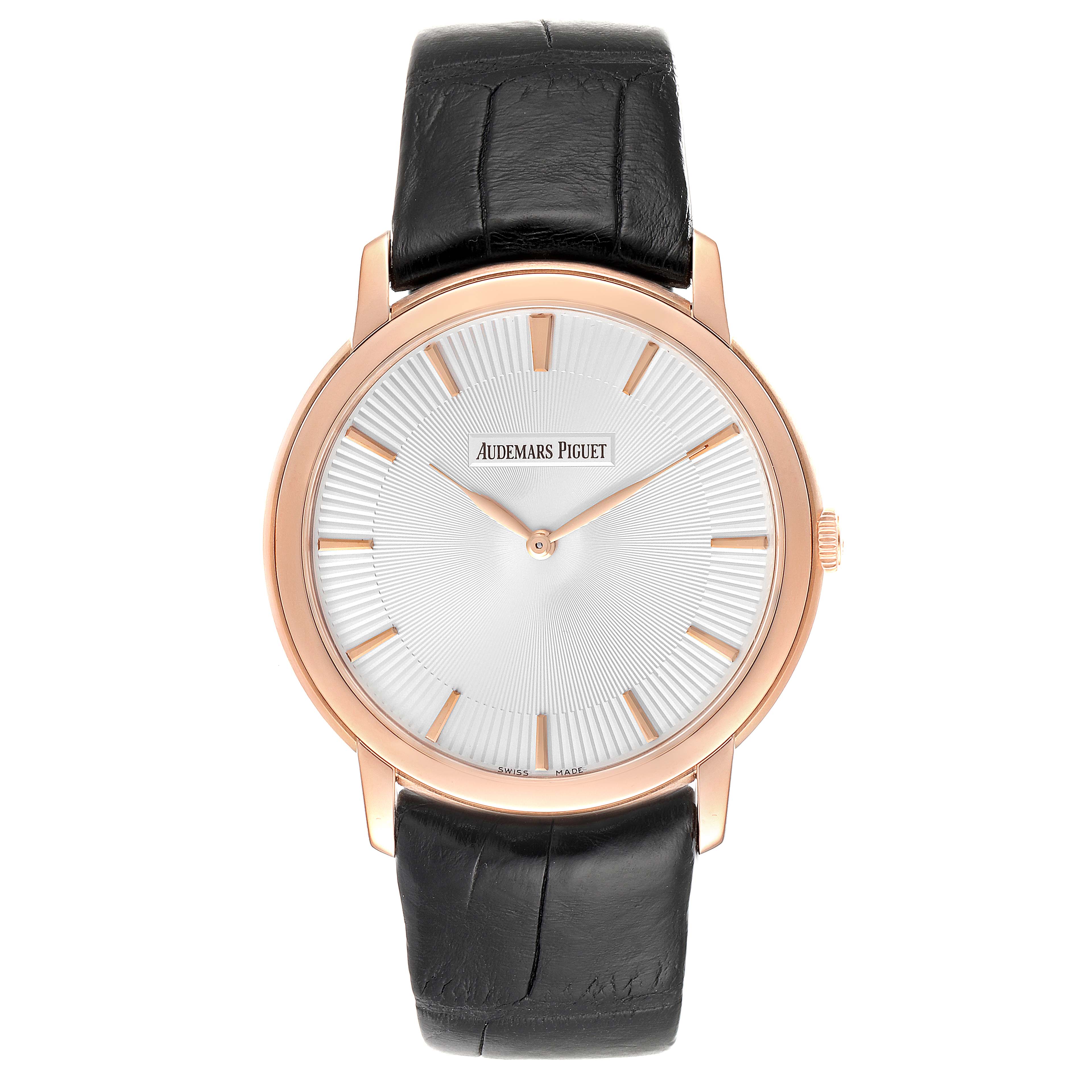 This image shows a front view of the Jules model by Audemars Piguet, highlighting the dial, hands, case, crown, and leather strap.