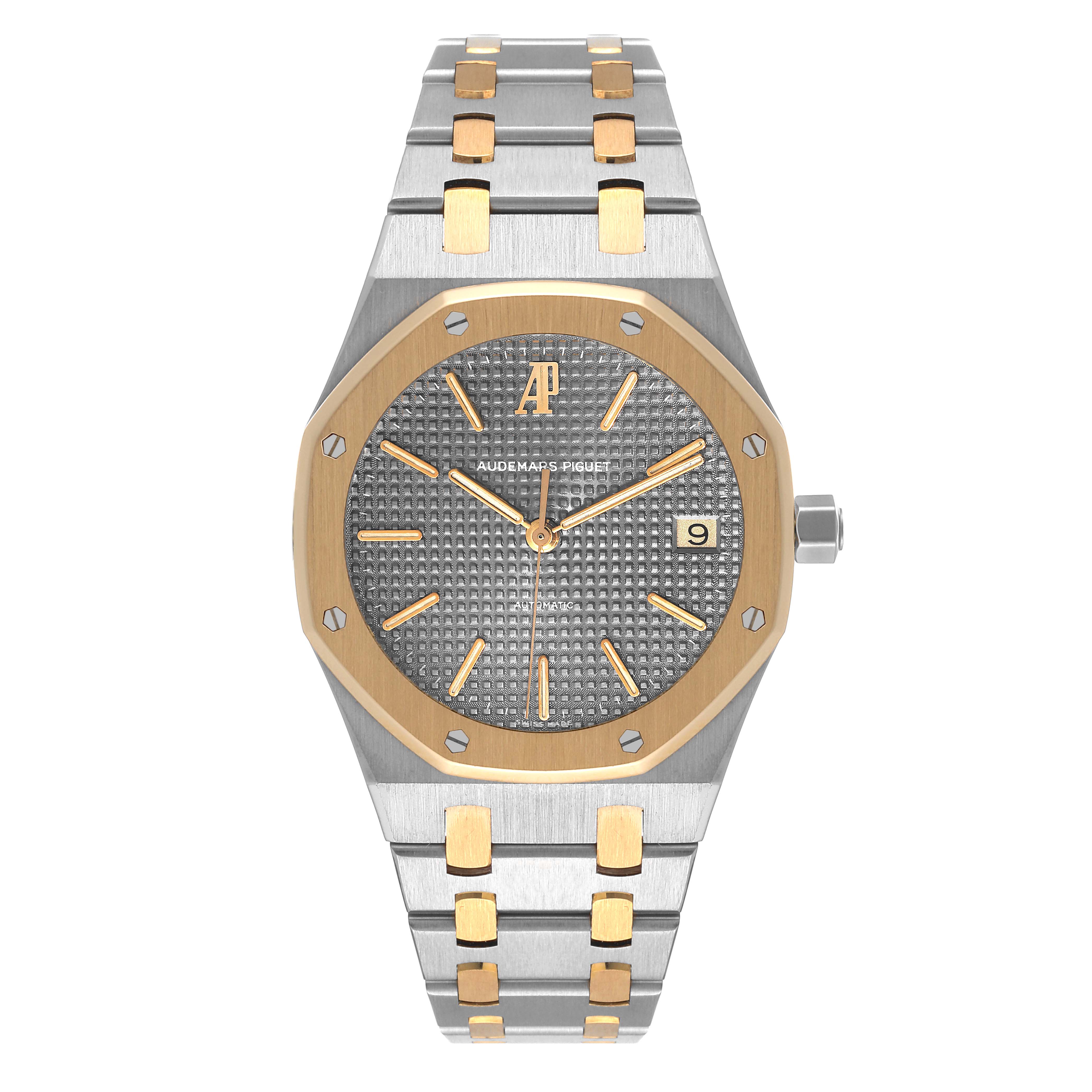 The image shows a frontal view of an Audemars Piguet Royal Oak 14790SA.OO.0789SA.01 Men's Steel and Gold (two tone) Grey Dial 14790SA.OO.0789SA.01 Men's Steel and Gold (two tone) Grey Dial watch, featuring the face, bezel, and bracelet.