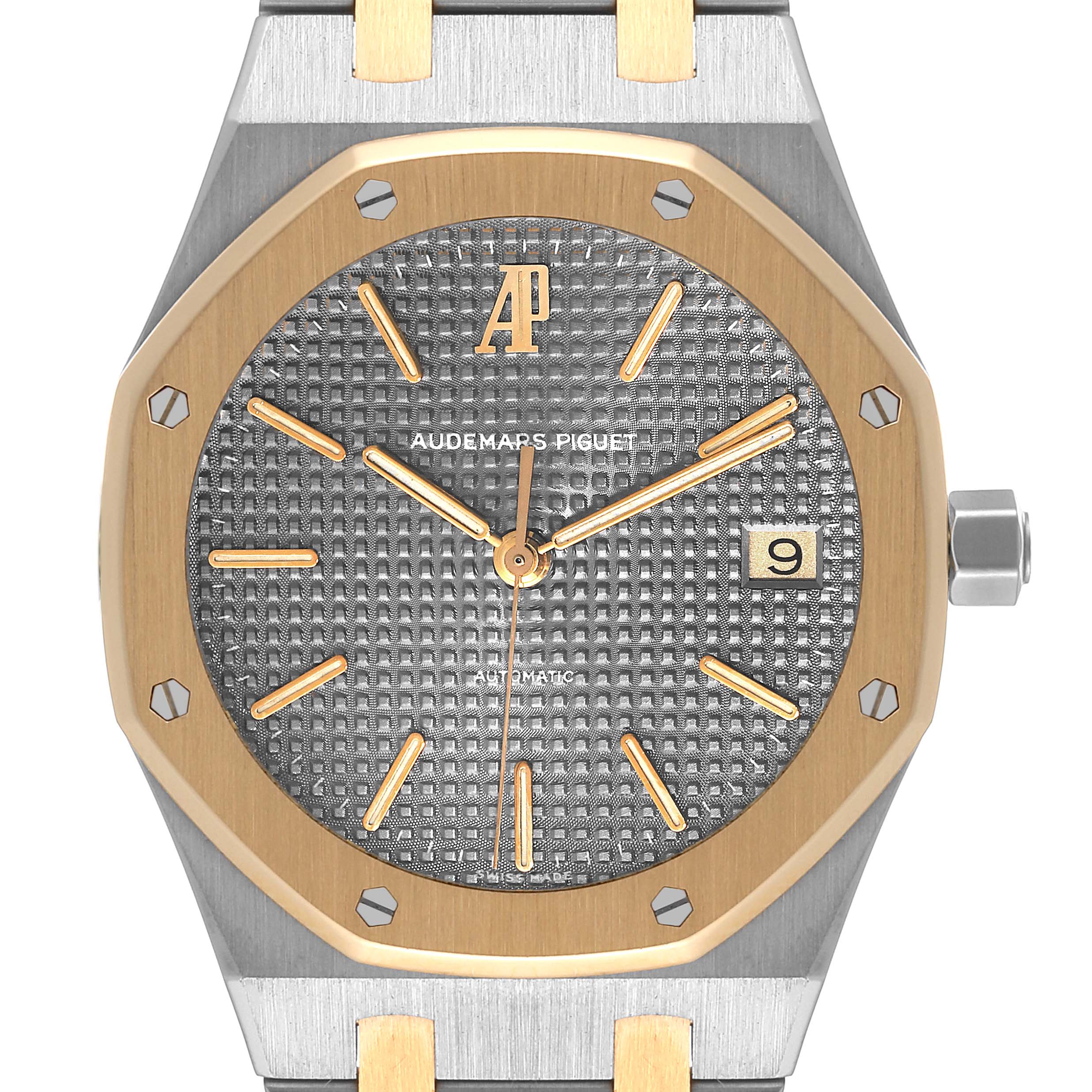 The image shows a head-on view of an Audemars Piguet Royal Oak 14790SA.OO.0789SA.01 Men's Steel and Gold (two tone) Grey Dial 14790SA.OO.0789SA.01 Men's Steel and Gold (two tone) Grey Dial watch, displaying the dial, hands, and bezel.
